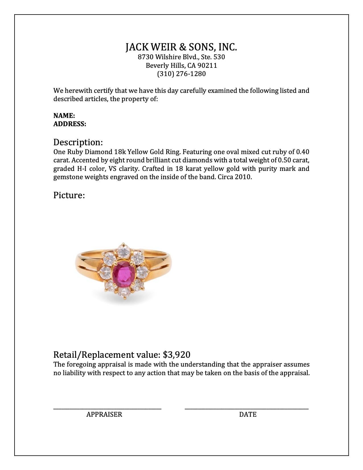 Women's or Men's Ruby Diamond 18k Yellow Gold Ring For Sale
