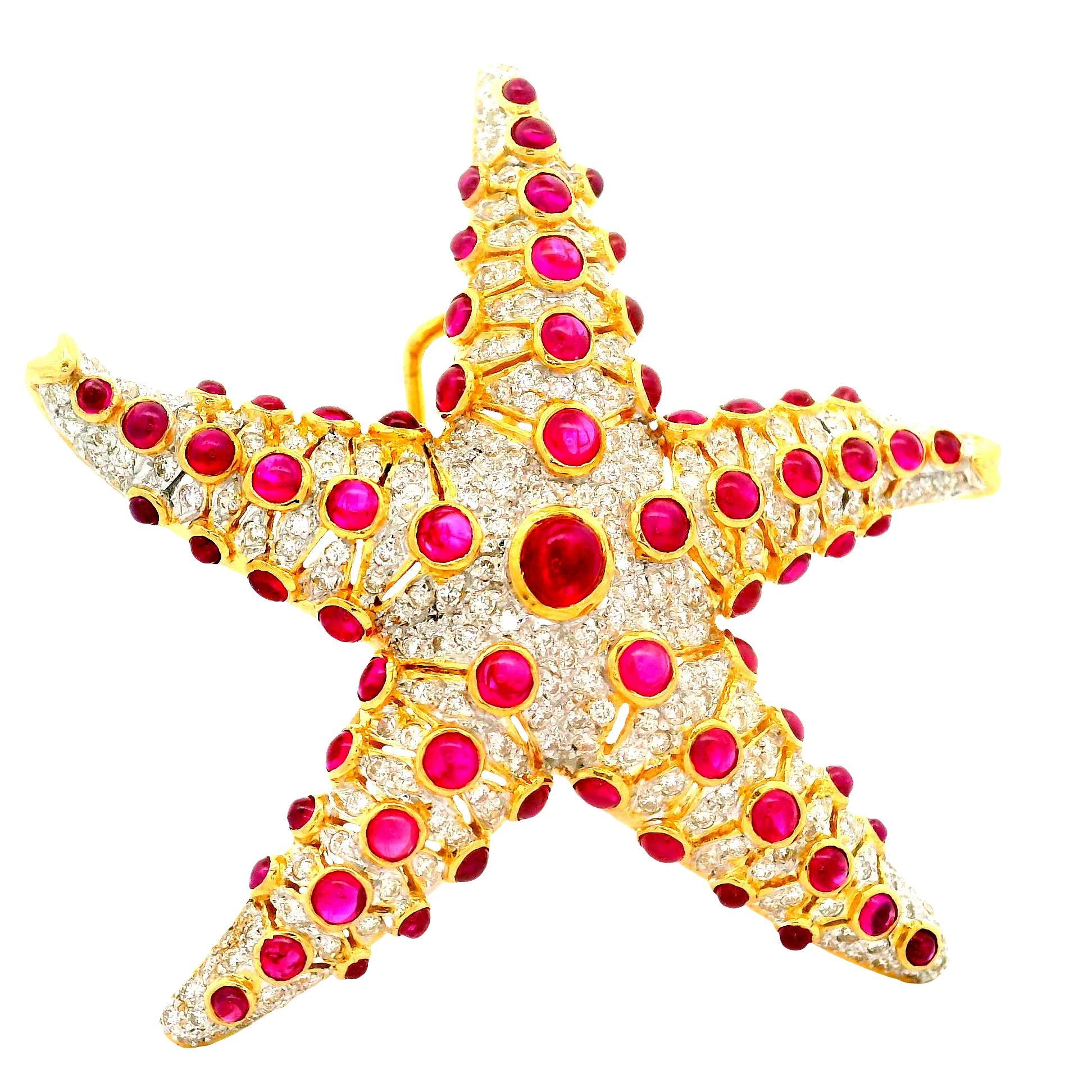 Ruby Diamond 18k Yellow Gold Starfish Brooch - image 2