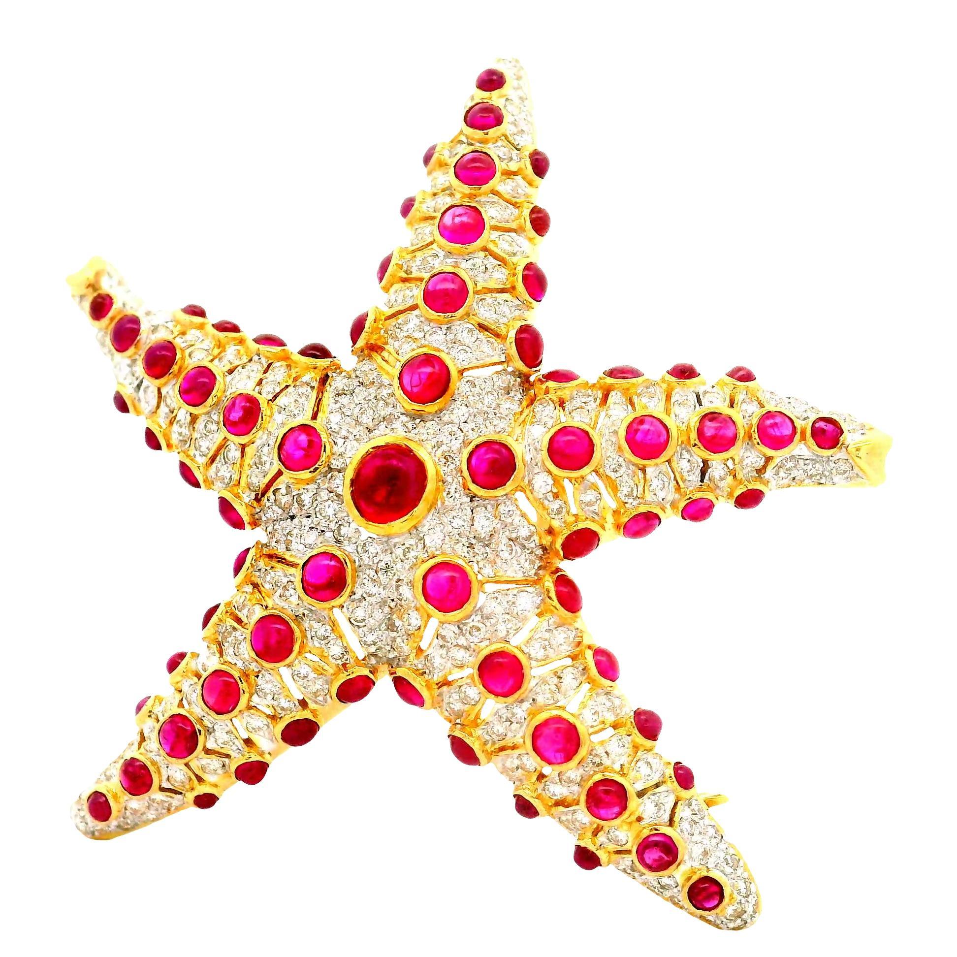 Ruby Diamond 18k Yellow Gold Starfish Brooch - image 3