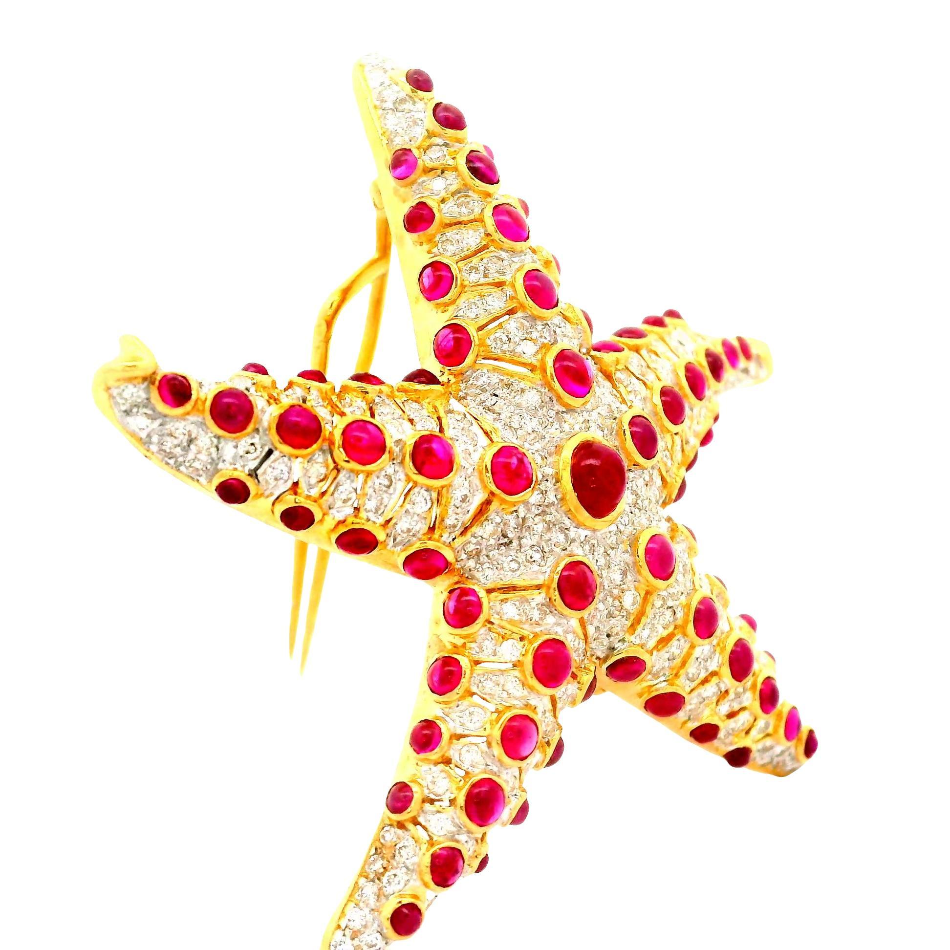Ruby Diamond 18k Yellow Gold Starfish Brooch - image 4