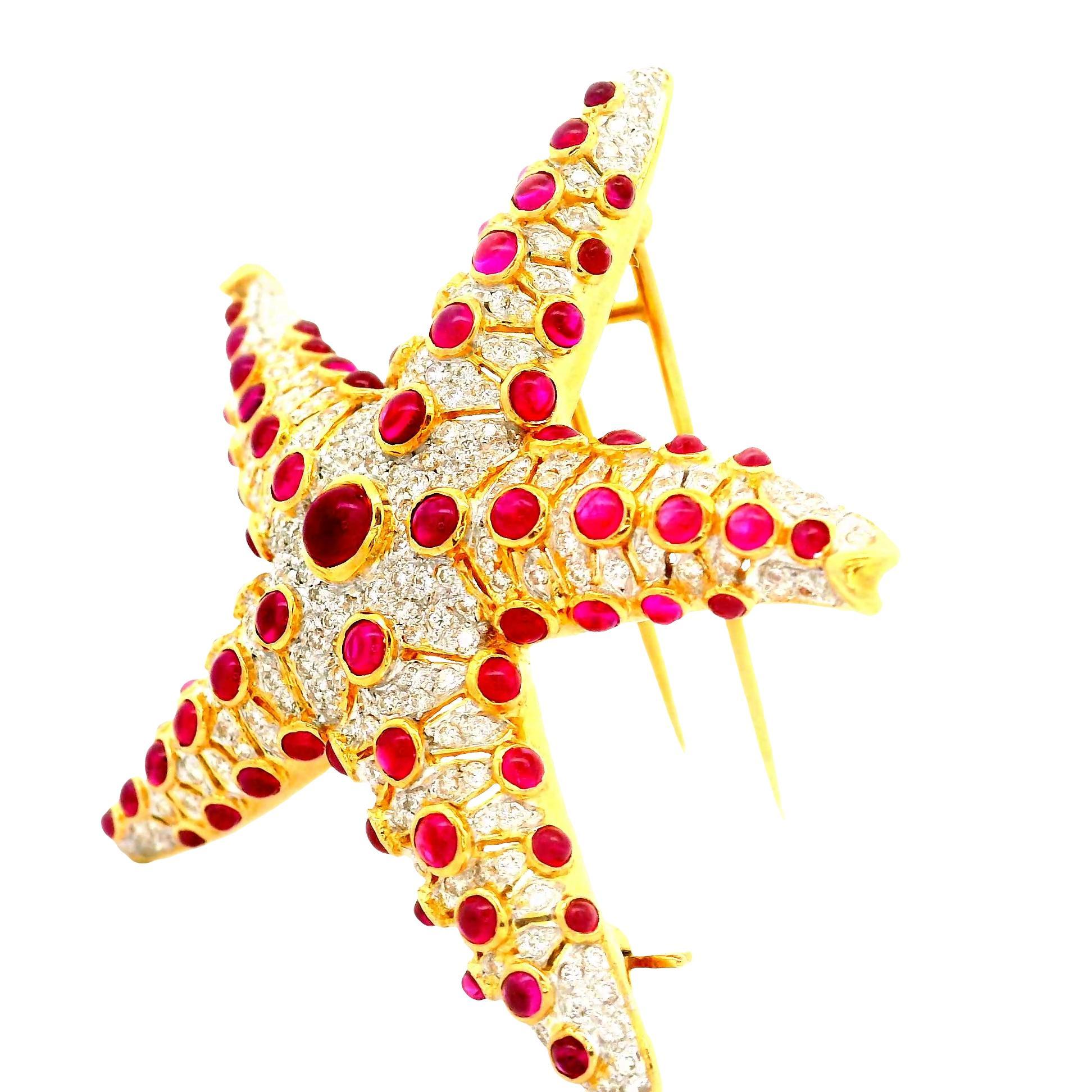 Ruby Diamond 18k Yellow Gold Starfish Brooch - image 5