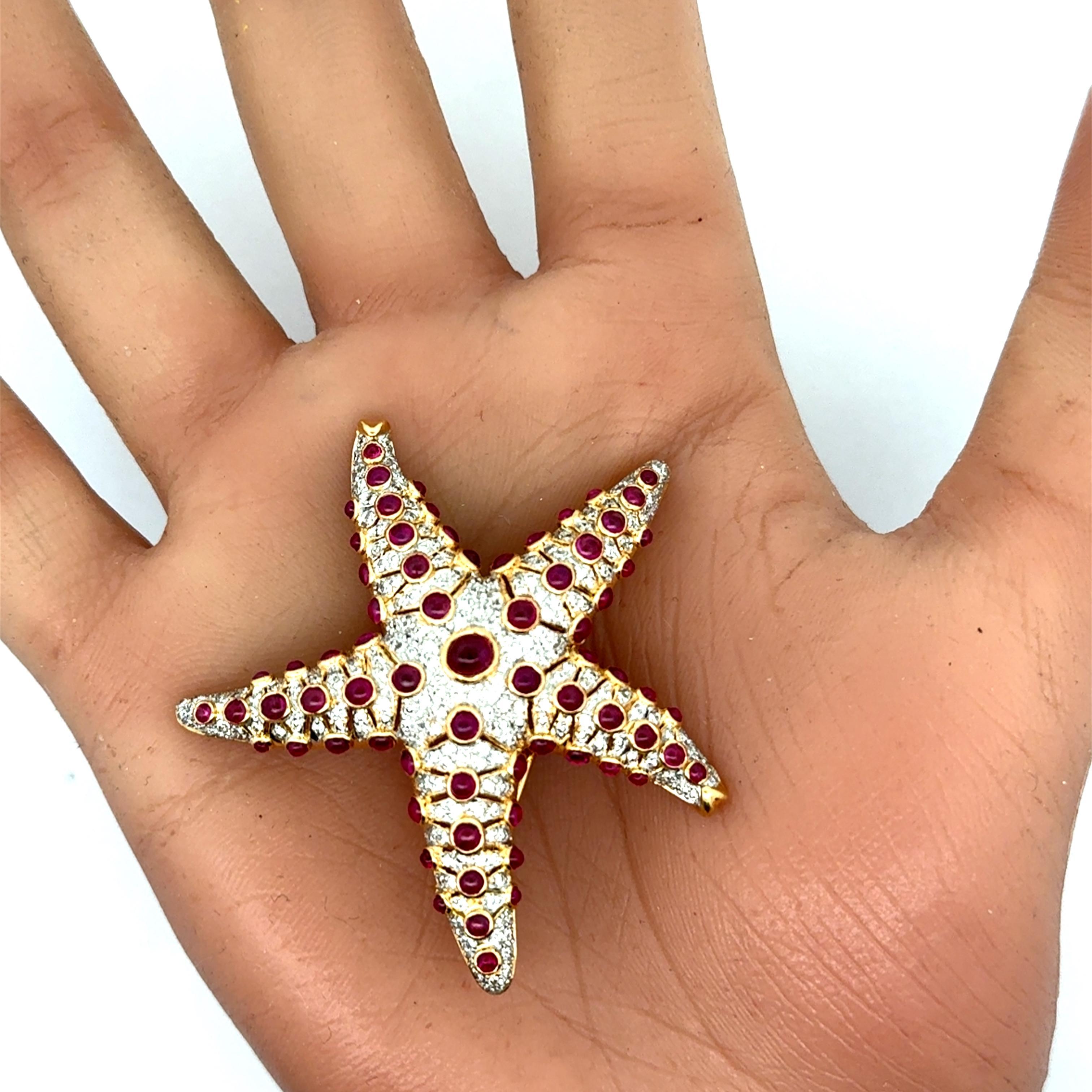 Ruby Diamond 18k Yellow Gold Starfish Brooch - image 6