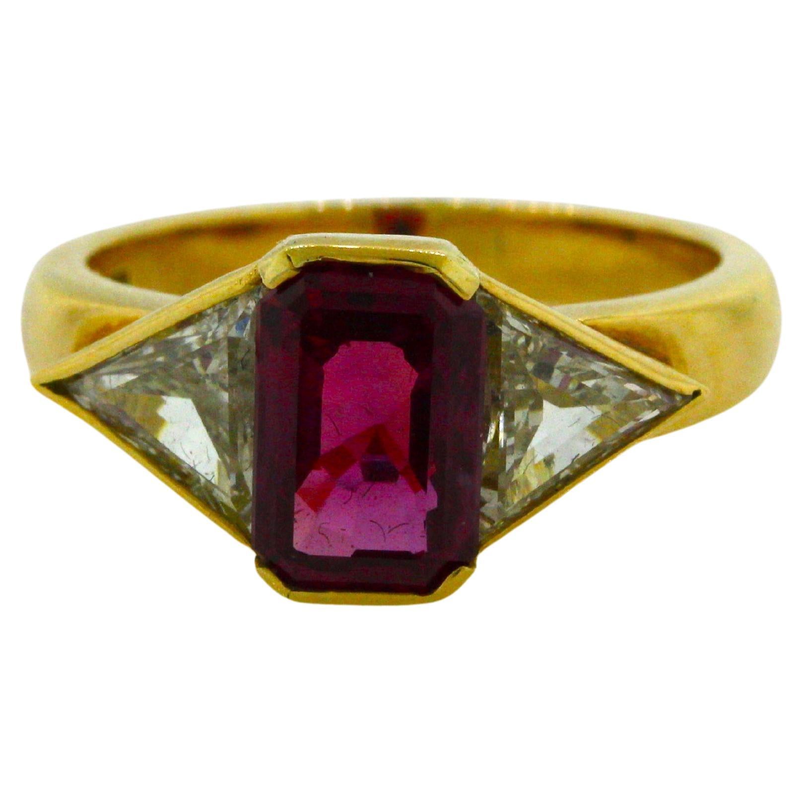 Ruby Diamond 3-Stone Gold Ring, GRS Certified For Sale