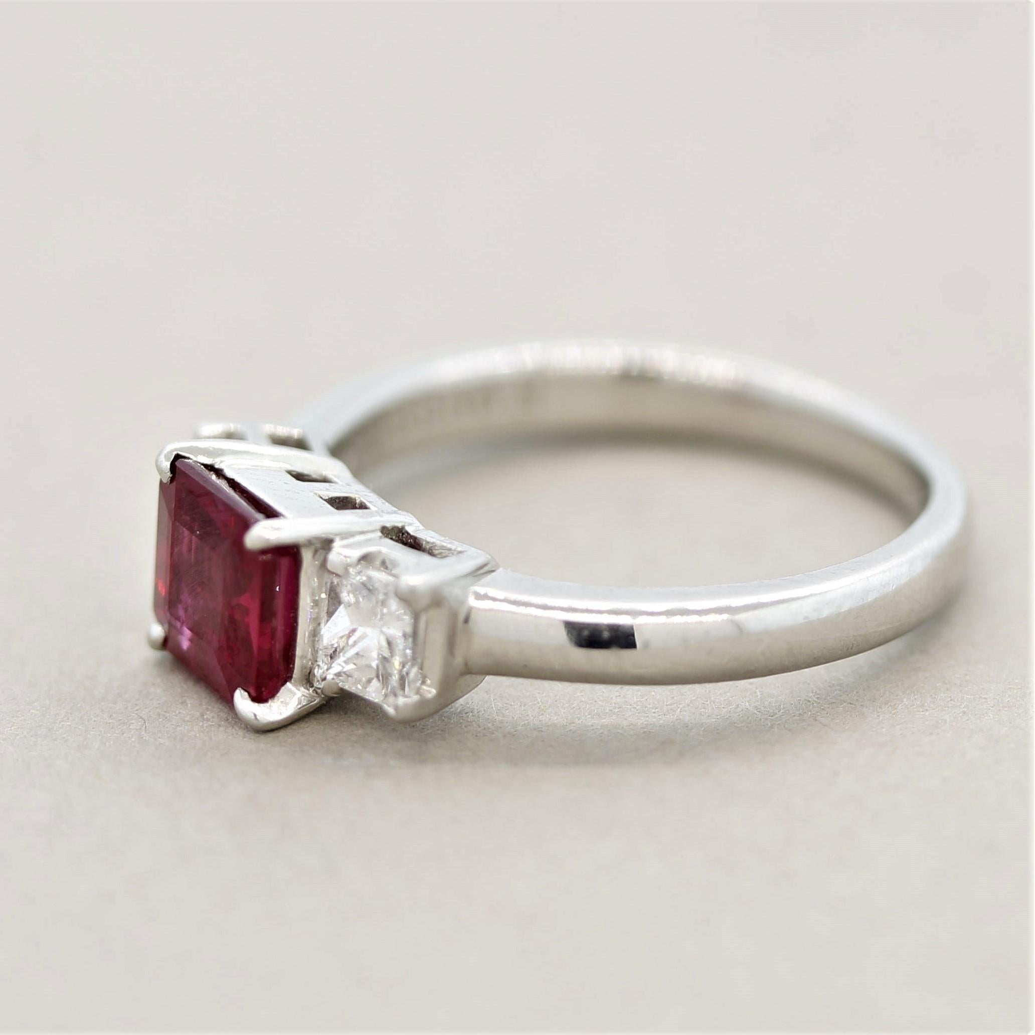 Mixed Cut Ruby Diamond 3-Stone Platinum Ring For Sale