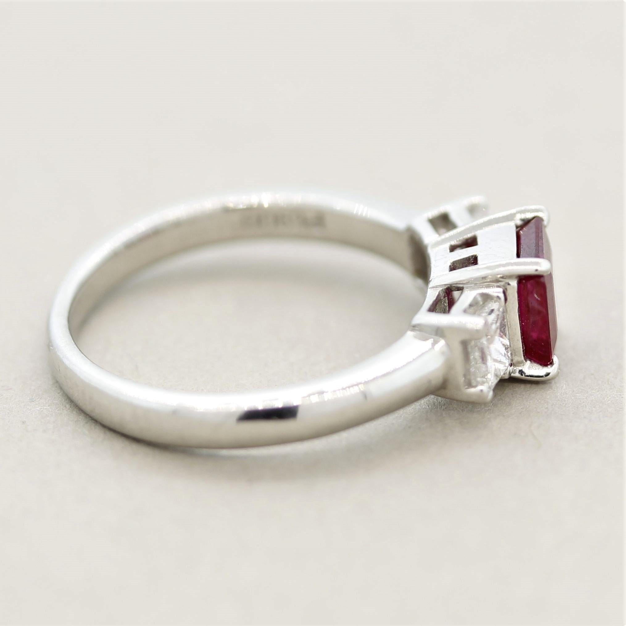 Women's Ruby Diamond 3-Stone Platinum Ring For Sale
