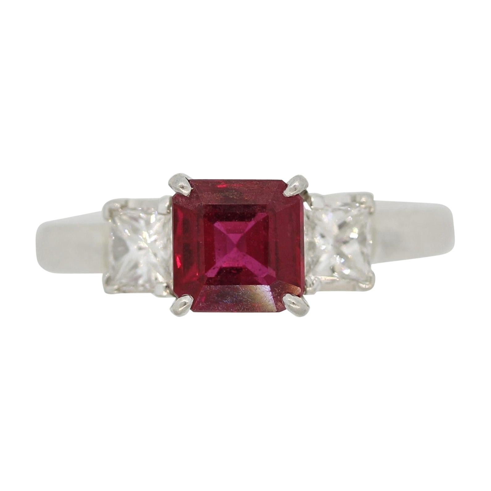 Ruby Diamond 3-Stone Platinum Ring