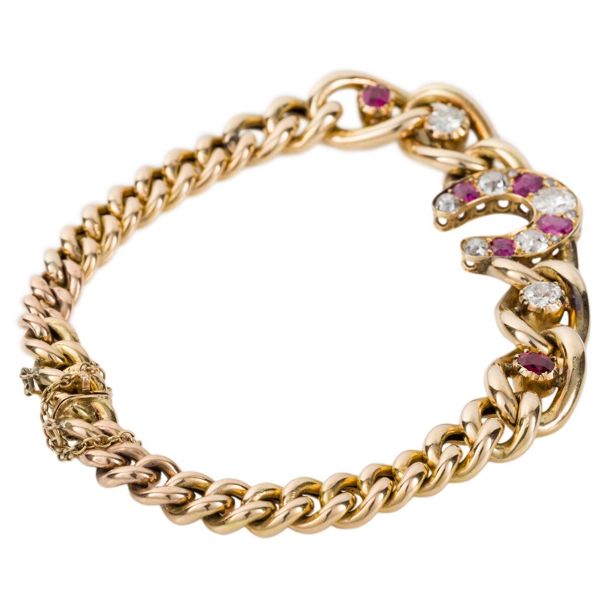 Victorian Ruby and Diamond 9 Karat Yellow Gold Horseshoe Link Bracelet