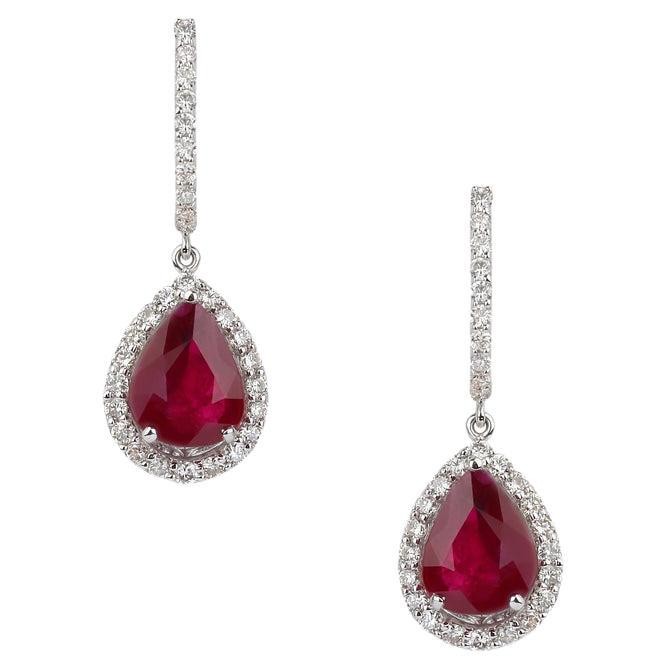 Ruby & Diamond Accented Earrings in 18K White Gold For Sale