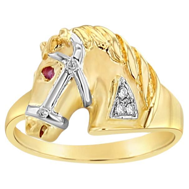 Matter Ring mit Rubin & Diamant akzentuierter Pferdekopf 14k Gelbgold