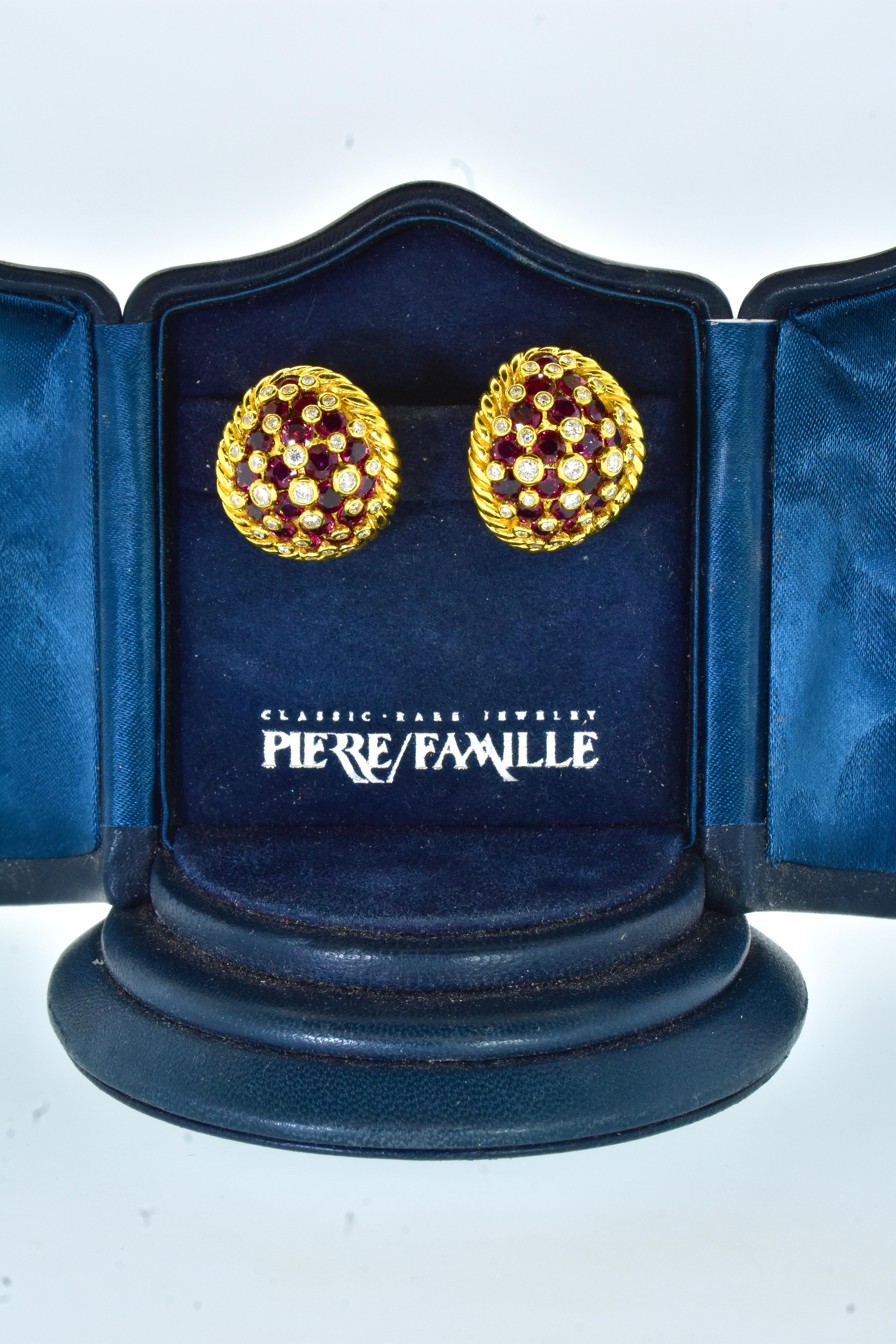 Women's or Men's Ruby, Diamond and 18K Yellow Gold  Earrings, C. 1965 For Sale