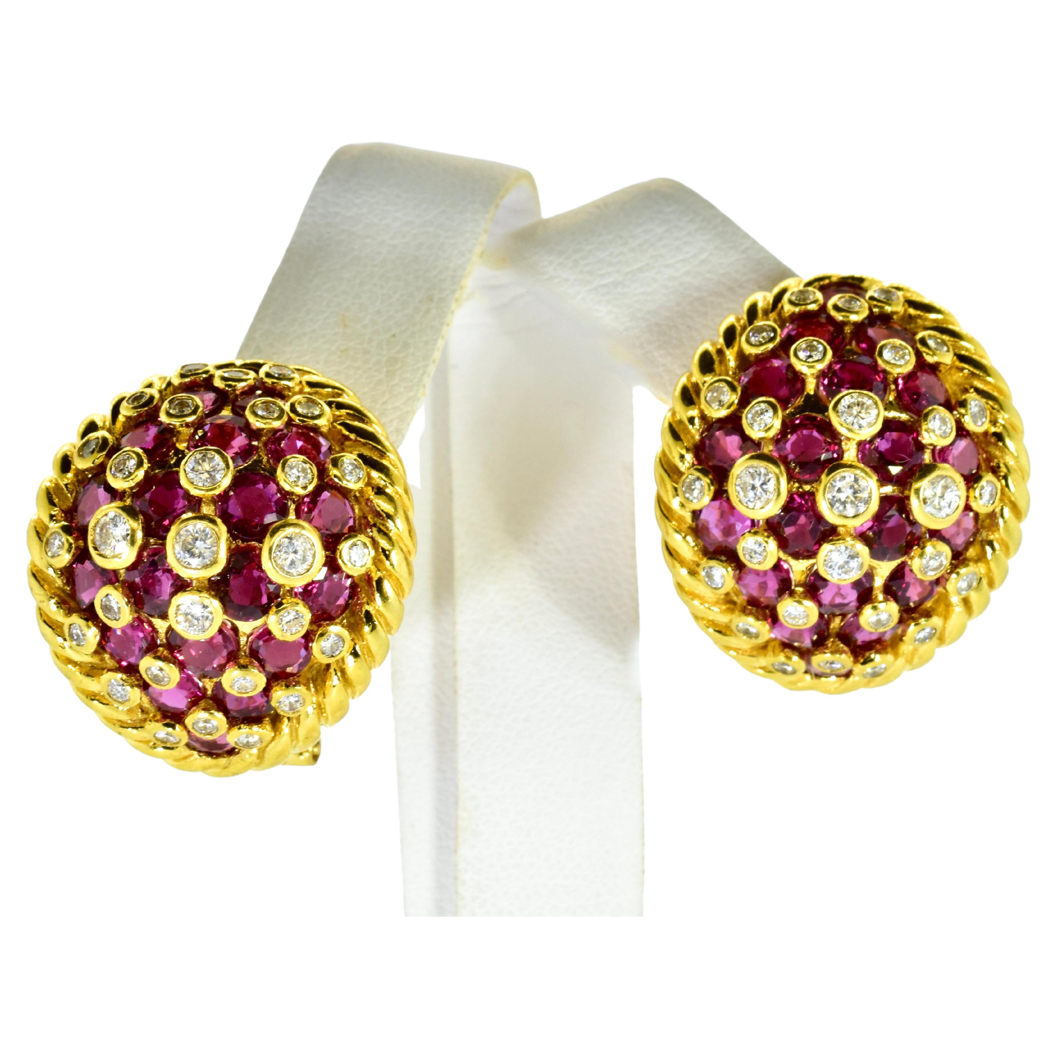 Ruby, Diamond and 18K Yellow Gold  Earrings, C. 1965 For Sale