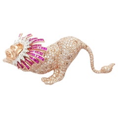 Ruby, Diamond and Brown Diamond Lion Brooch set in 18K Rose Gold Settings