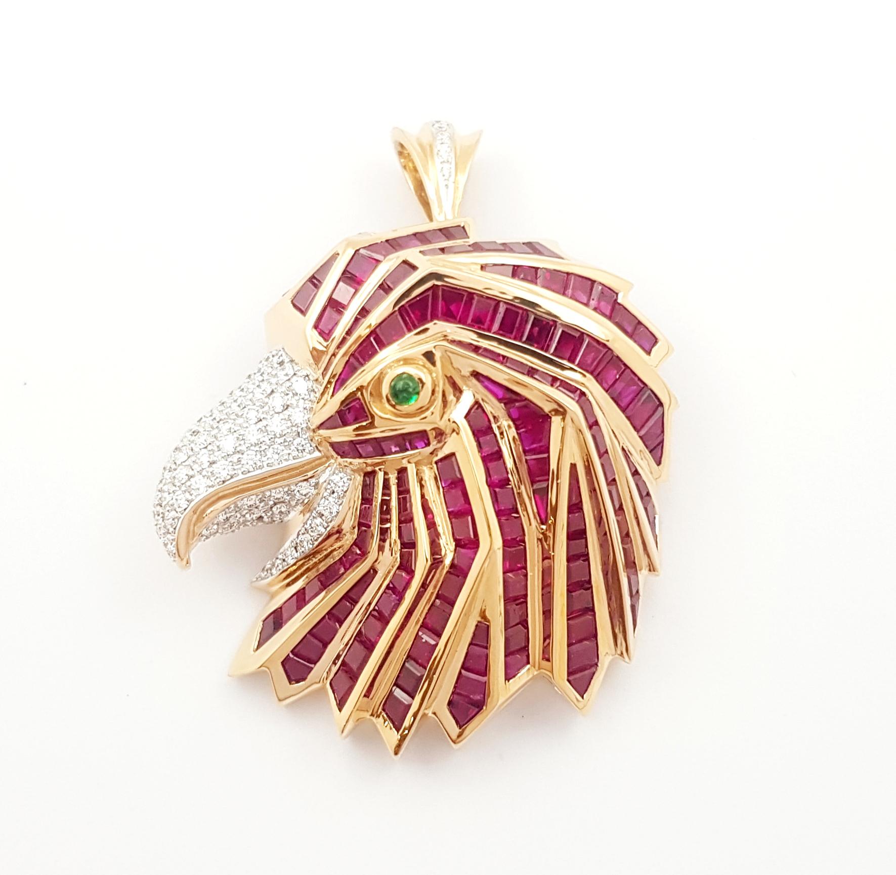 Mixed Cut Ruby, Diamond and Cabochon Emerald Pendant/Brooch set in 18K Rose Gold Settings For Sale