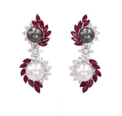 Ruby, Diamond, and Cultured Pearl Earrings Set