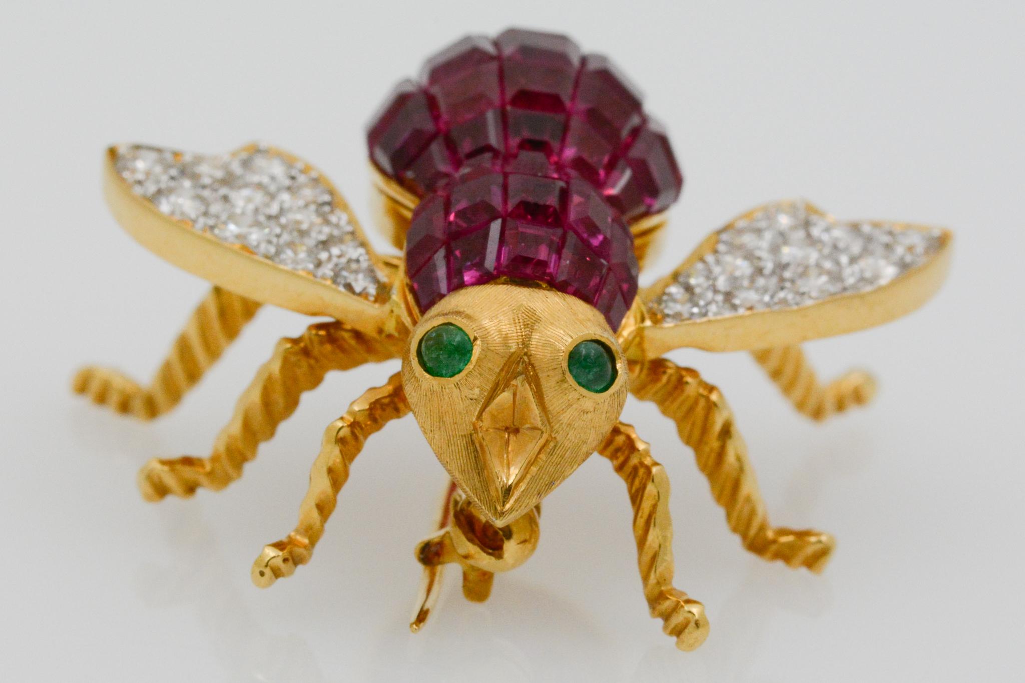 Retro Ruby Diamond and Emerald 18 Karat Yellow Gold French Bee Pin