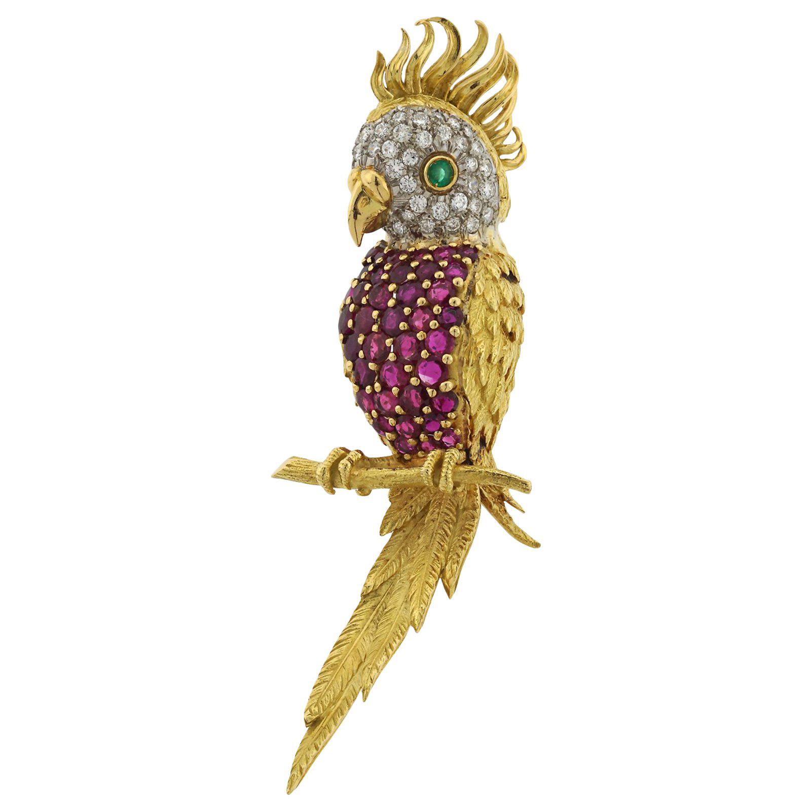 Ruby Diamond and Emerald Cockatiel Brooch in 18 Karat Yellow Gold