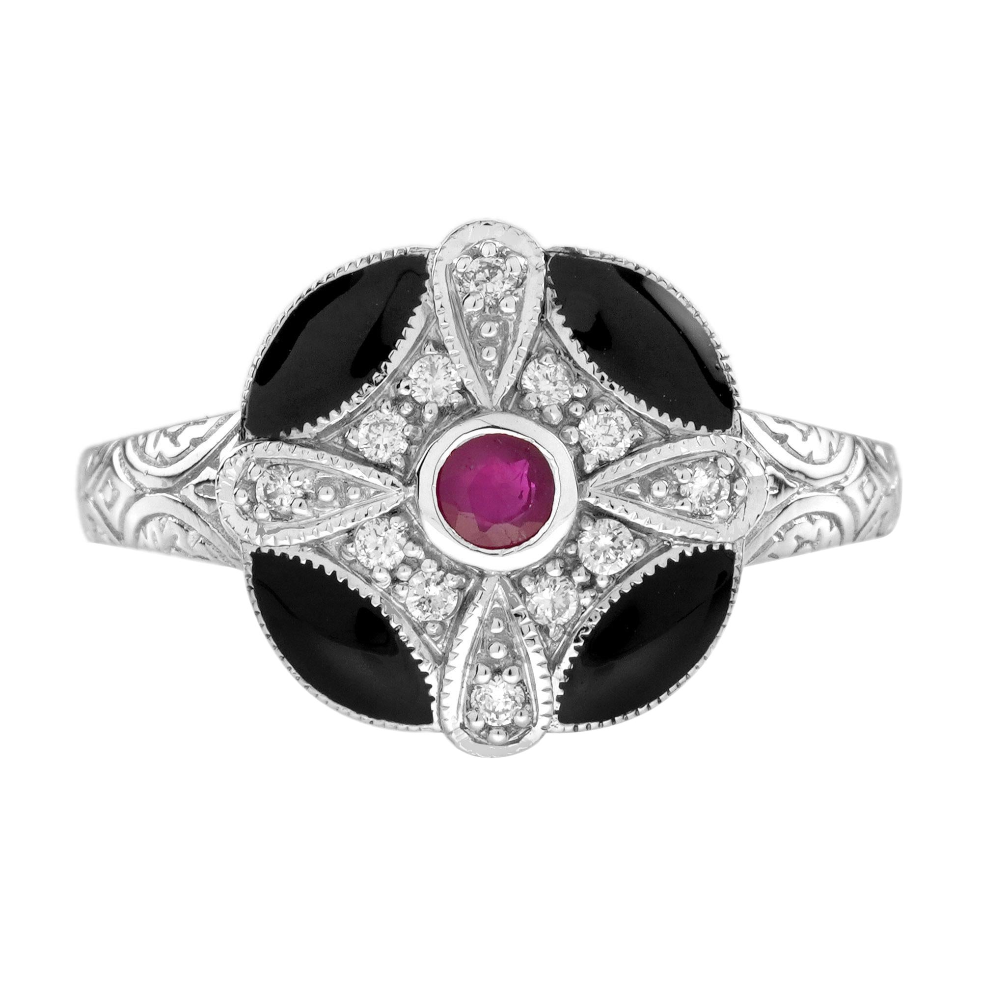Ruby Diamond and Enamel Art Deco Style Ring in 9K White Gold