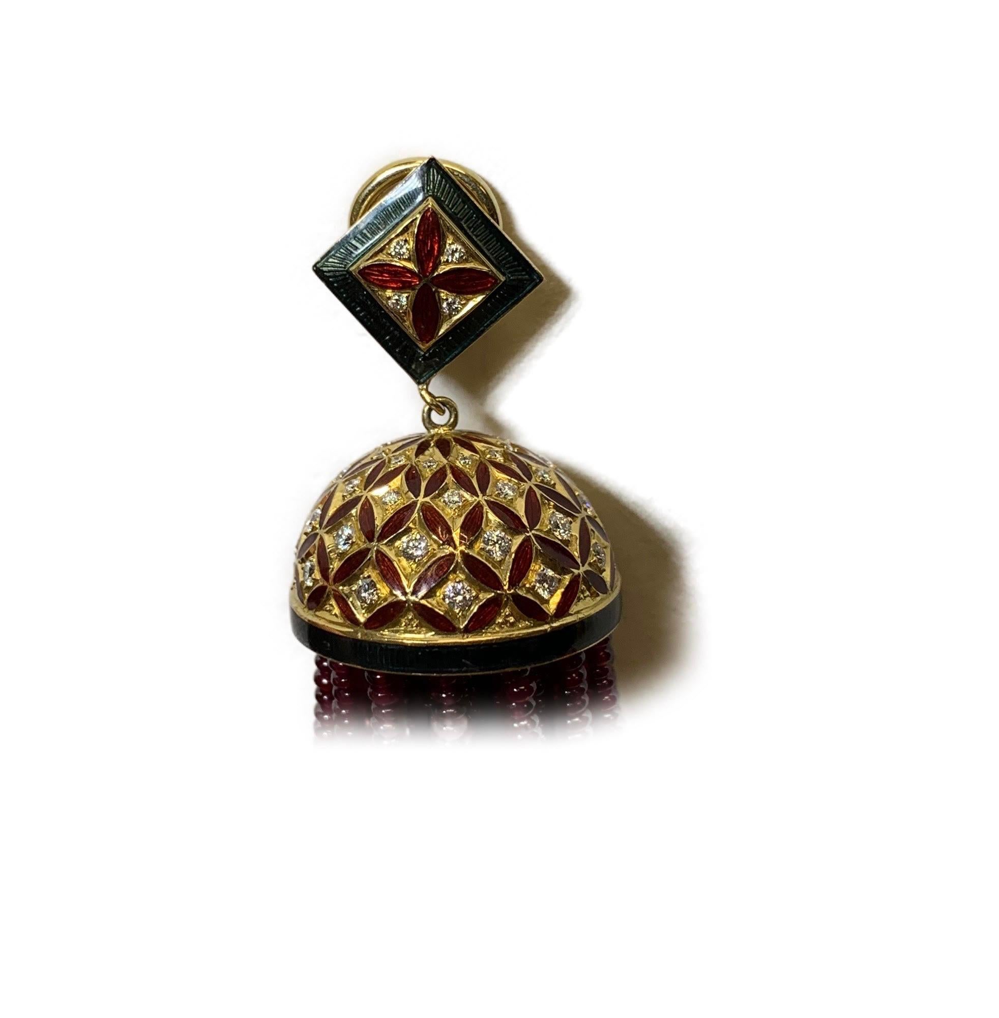 Mixed Cut Ruby, Diamond, and Enamel Earrings in 18 Karat Gold For Sale
