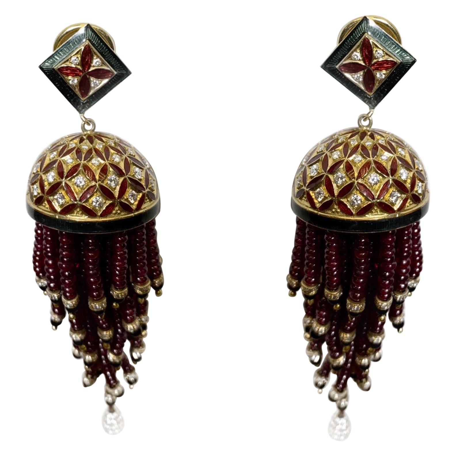 Ruby, Diamond, and Enamel Earrings in 18 Karat Gold For Sale