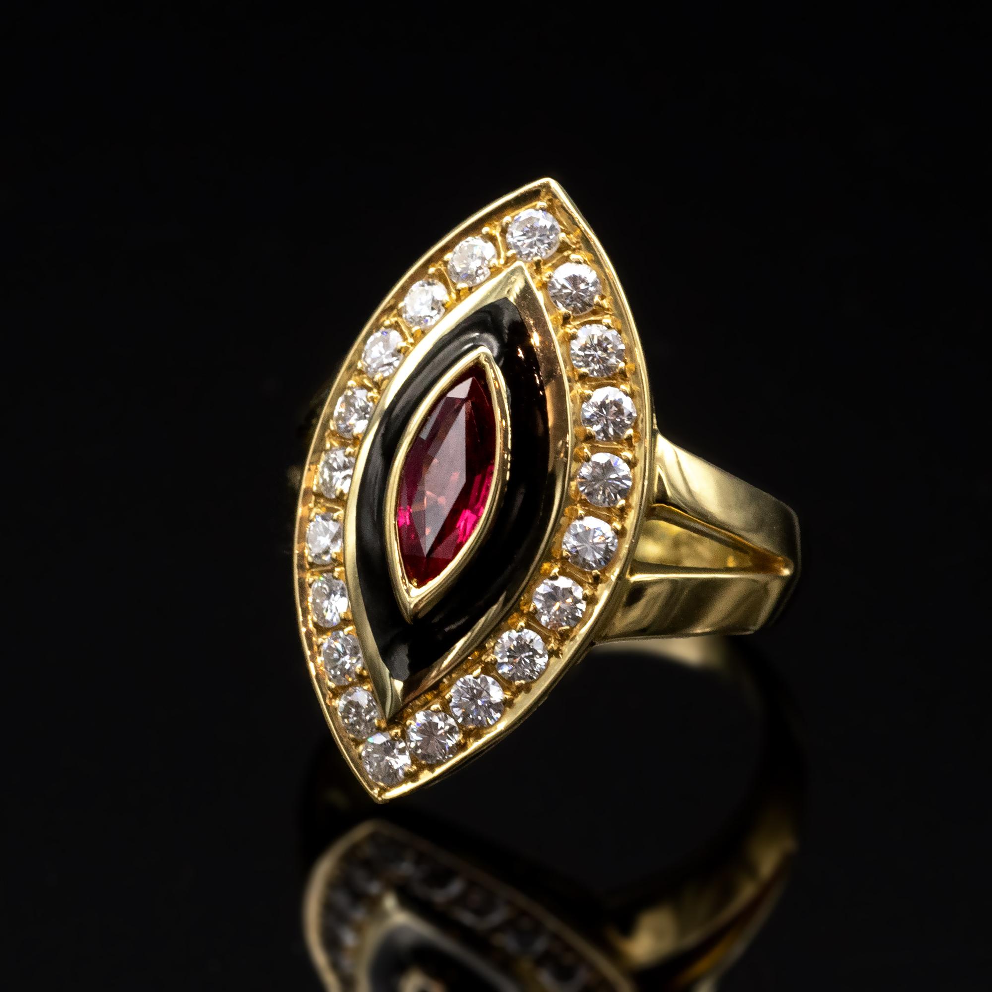 Moderne Bague Marquise en or 18 carats, rubis, diamant et émail en vente