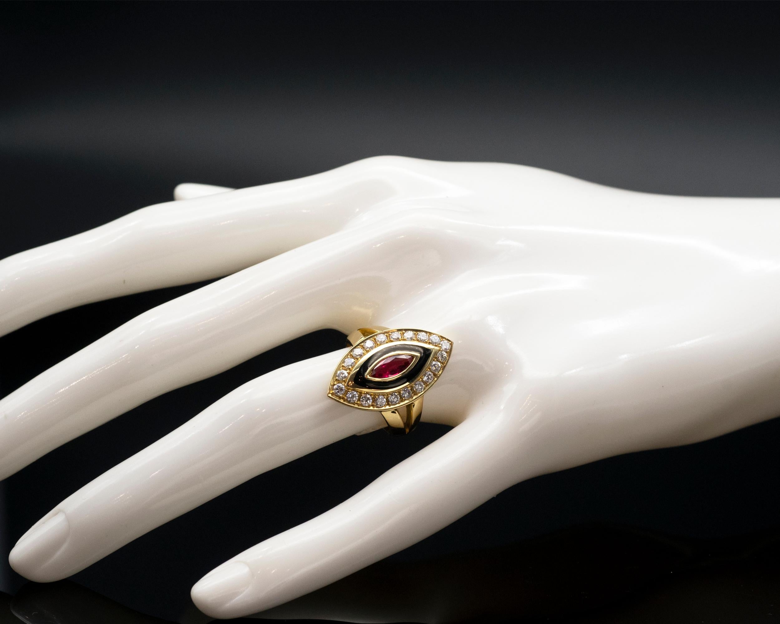 Ruby Diamond and Enamel 18-Kt Gold Marquise Ring In New Condition For Sale In Monte Carlo, MC