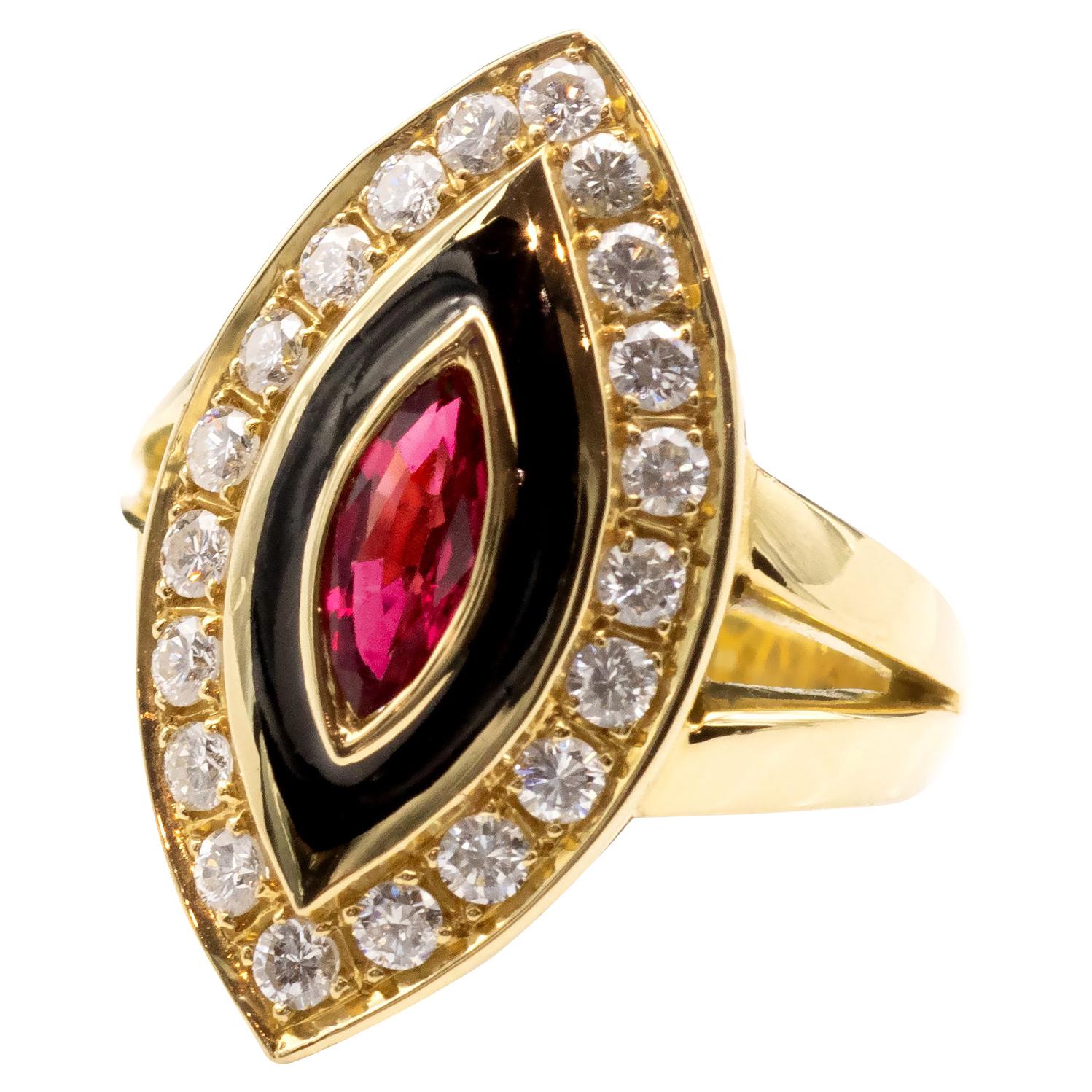 Ruby Diamond and Enamel 18-Kt Gold Marquise Ring For Sale