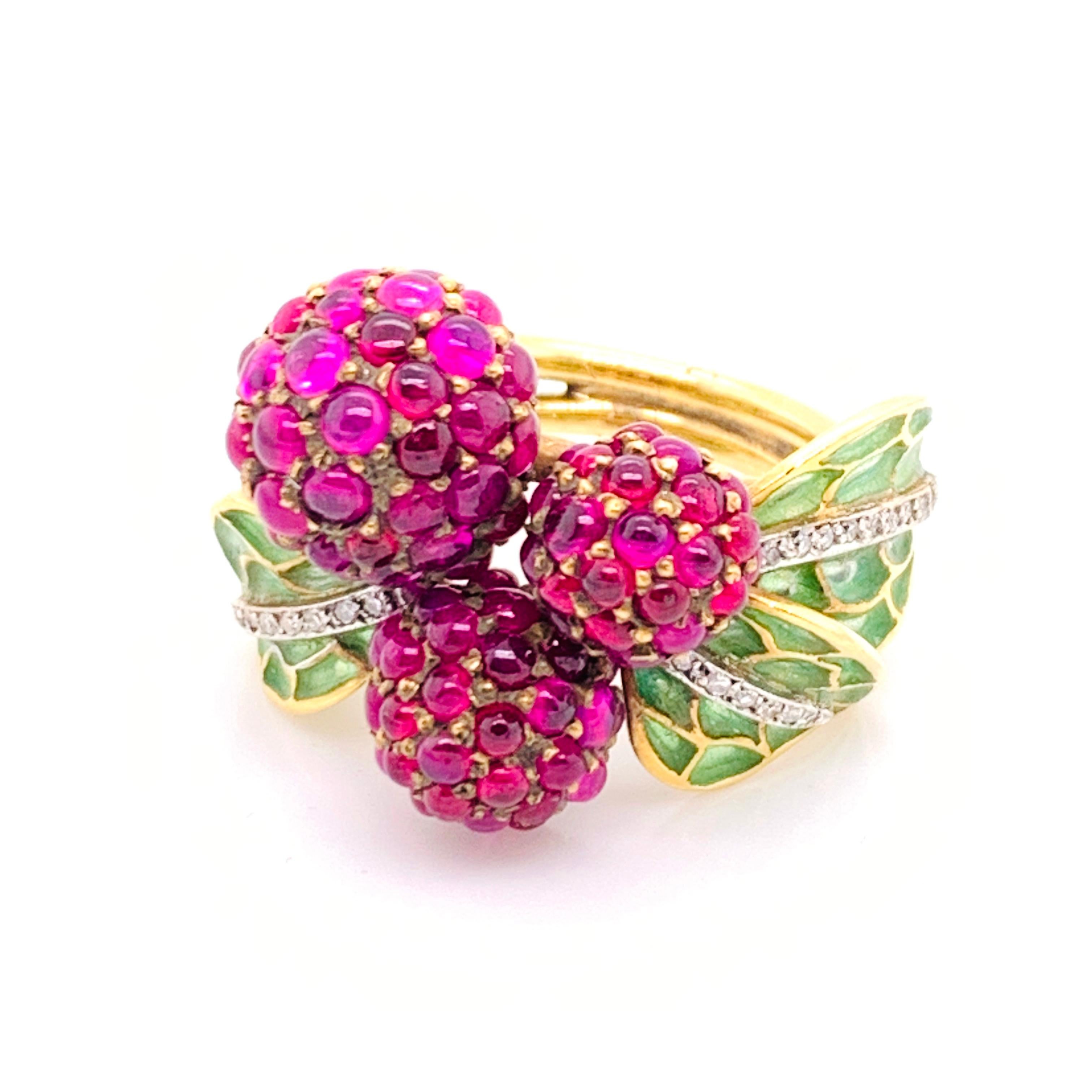 Contemporary Ruby, Diamond and Enamel Raspberry Ring For Sale