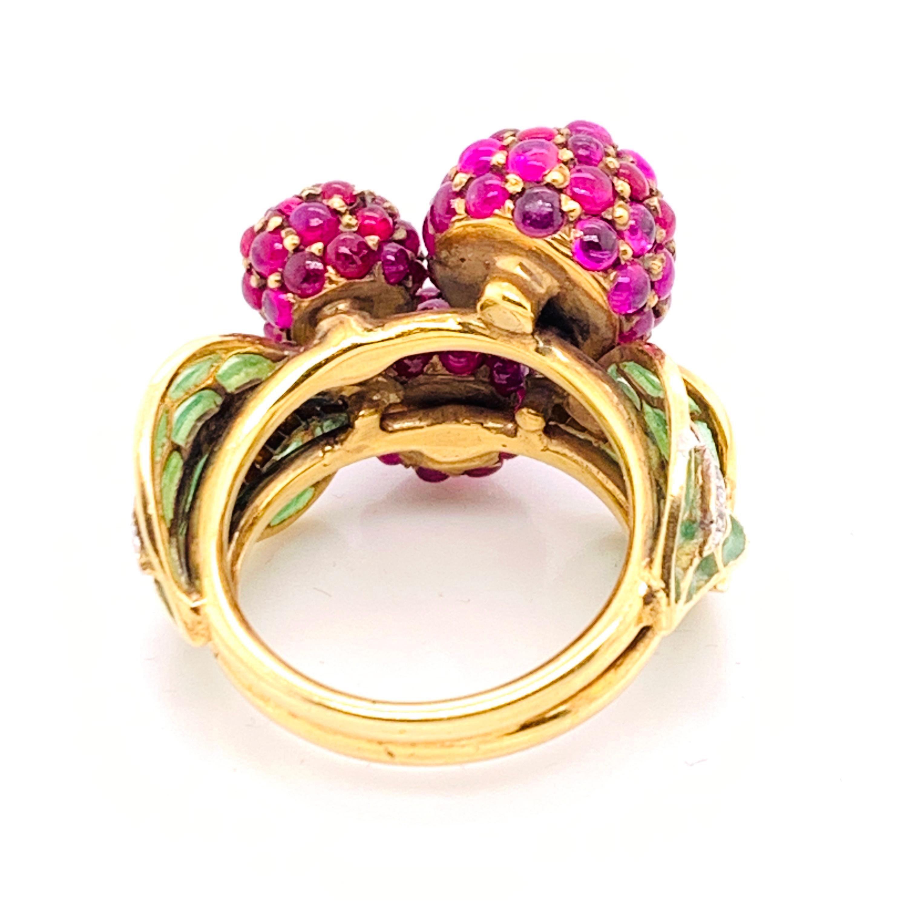 Ruby, Diamond and Enamel Raspberry Ring In Good Condition For Sale In London, GB