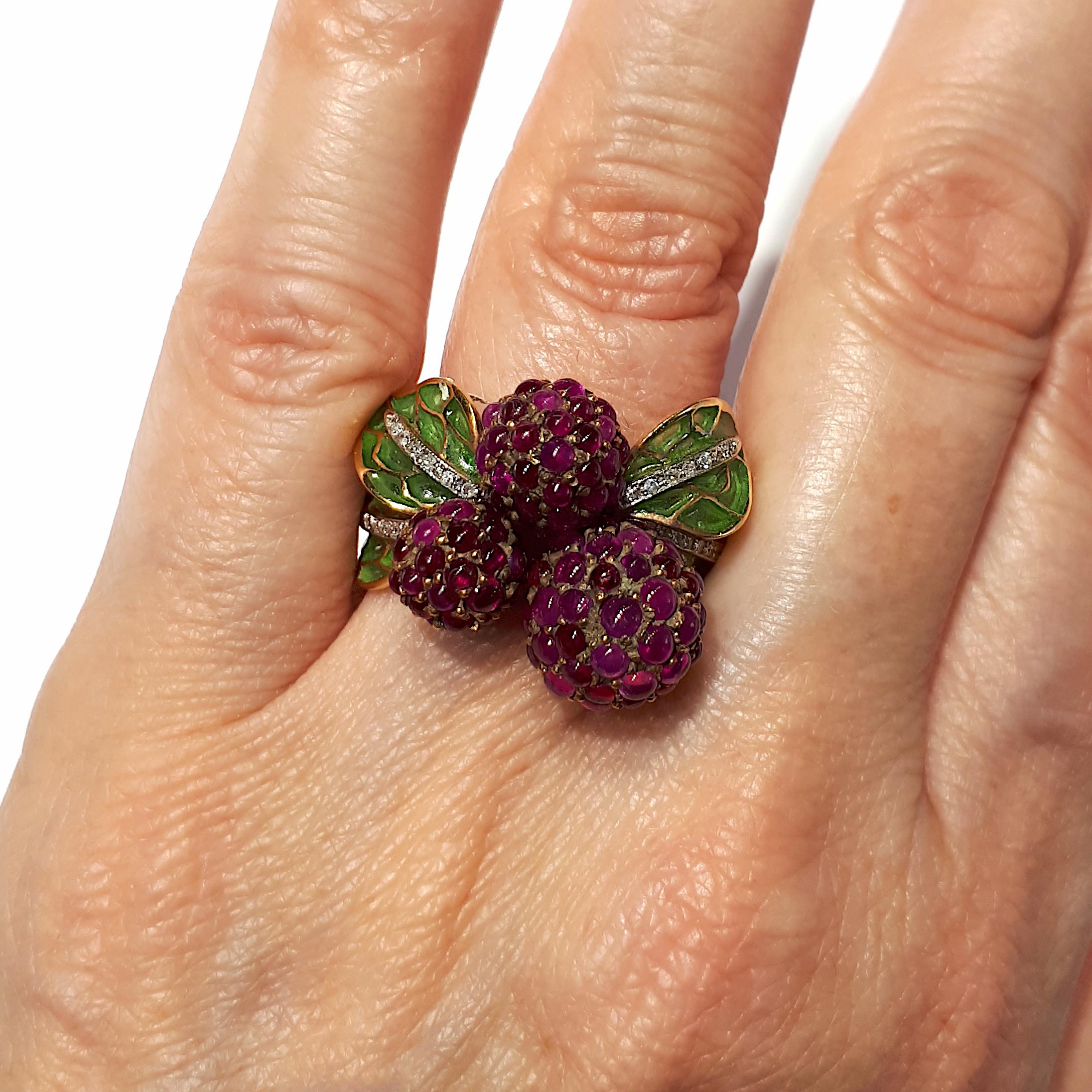Cabochon Ruby, Diamond and Enamel Raspberry Ring For Sale