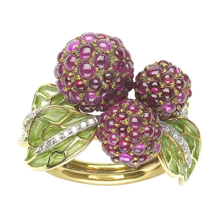 Diamond Rasberry Ruby, Diamond and Enamel Raspberry Ring For Sale at 1stDibs