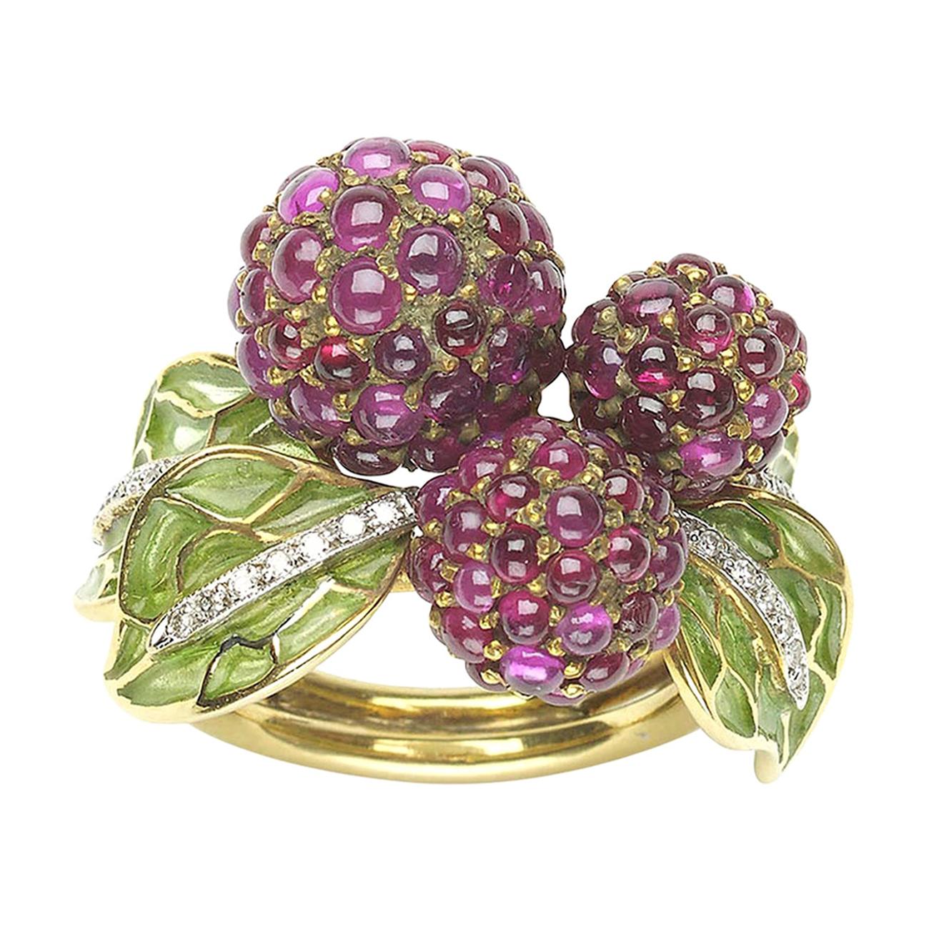 Raspberry-Ring mit Rubin, Diamant und Emaille