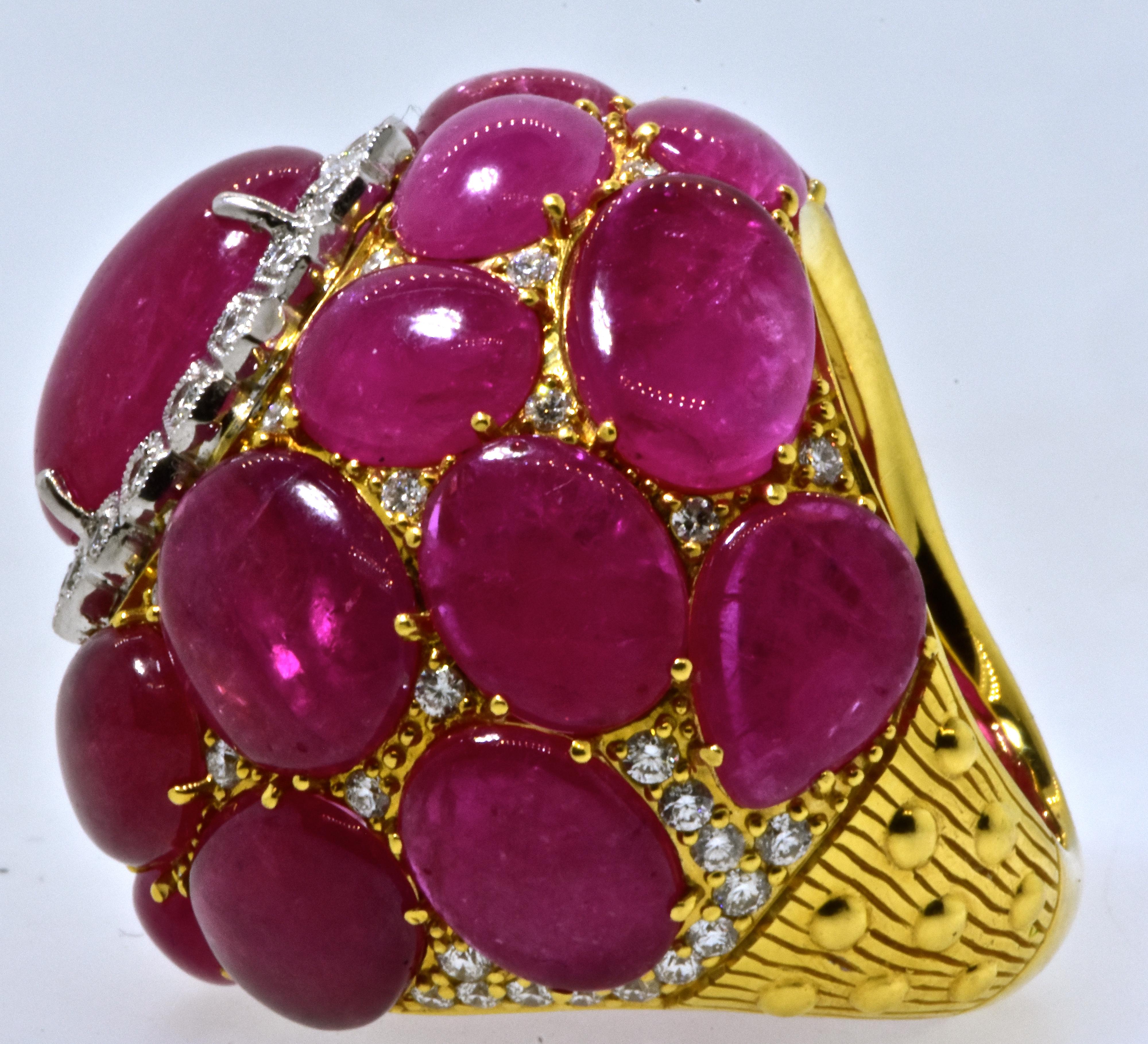 Modern Ruby, Diamond and Gold Large Dome Style Ring