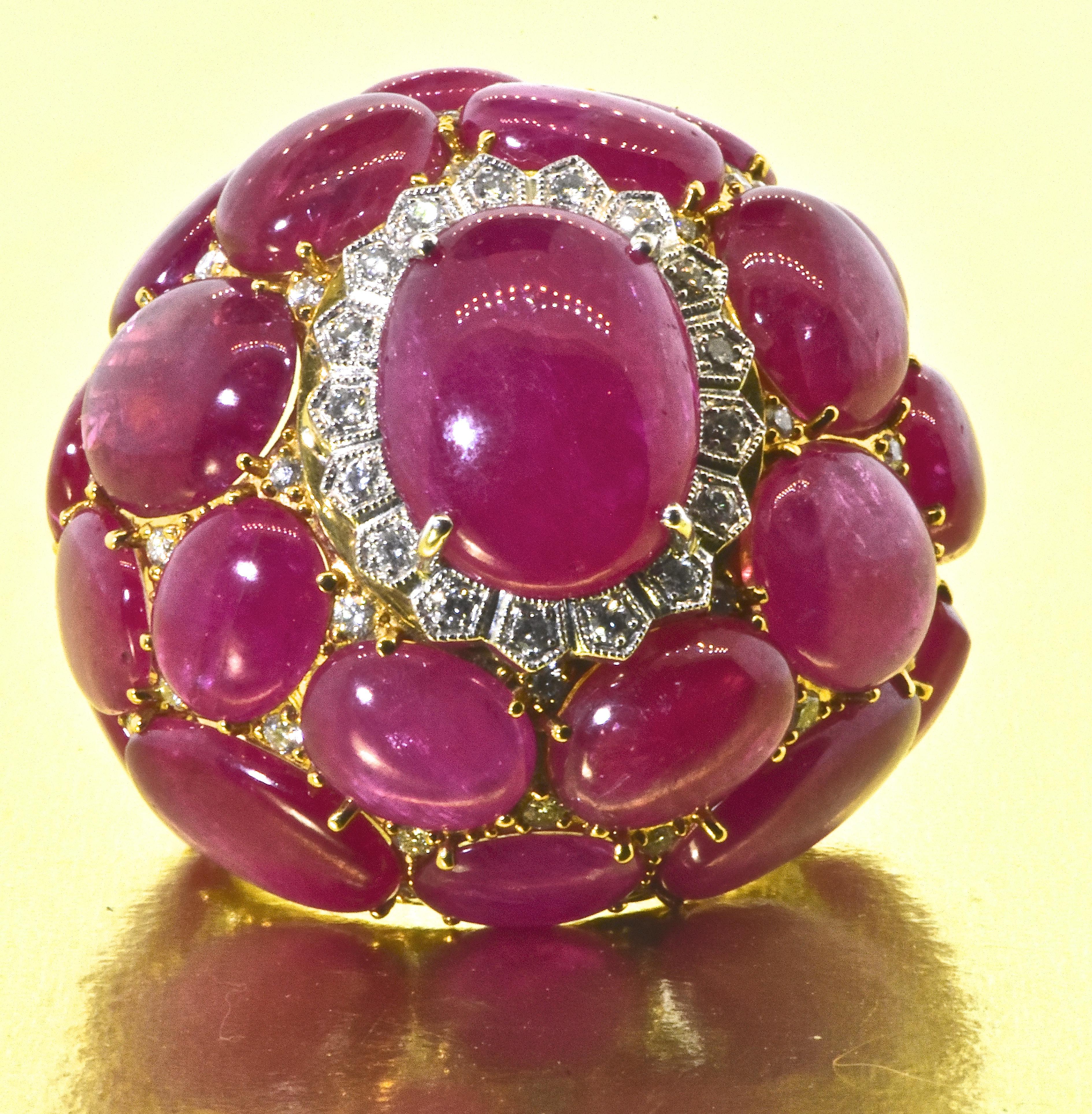 Cabochon Ruby, Diamond and Gold Large Dome Style Ring