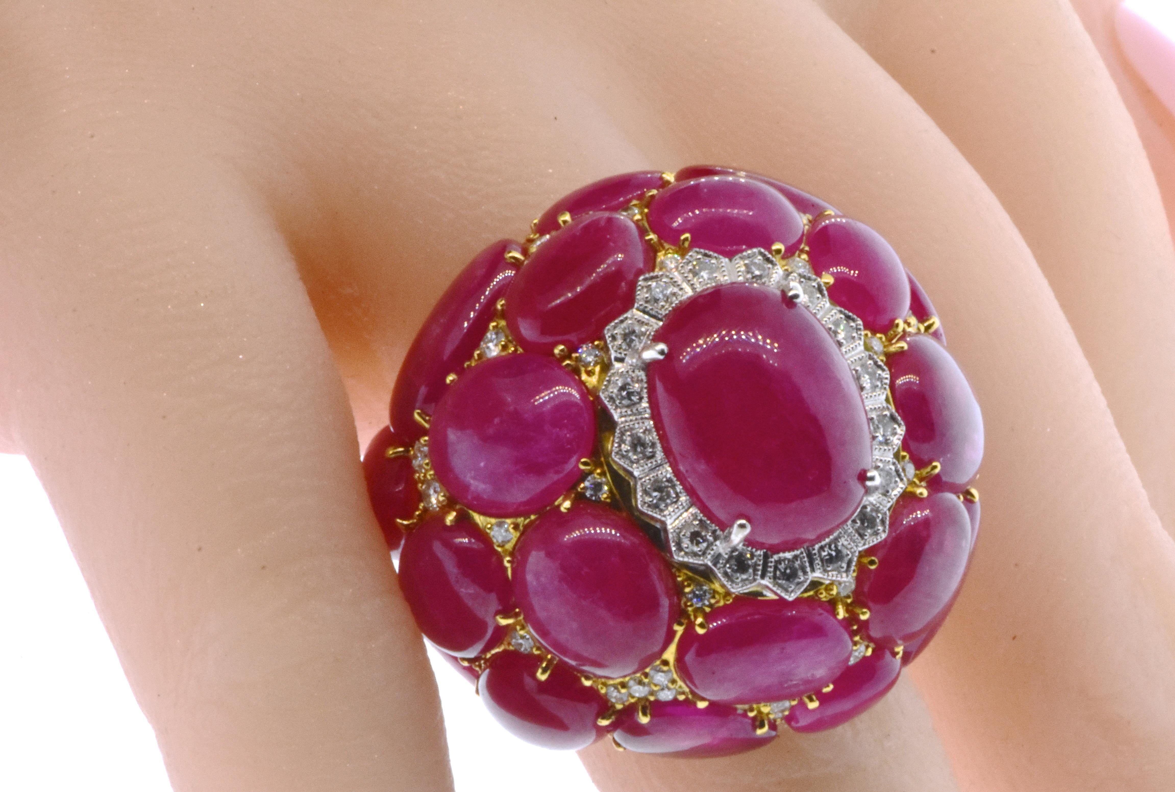 Women's or Men's Ruby, Diamond and Gold Large Dome Style Ring