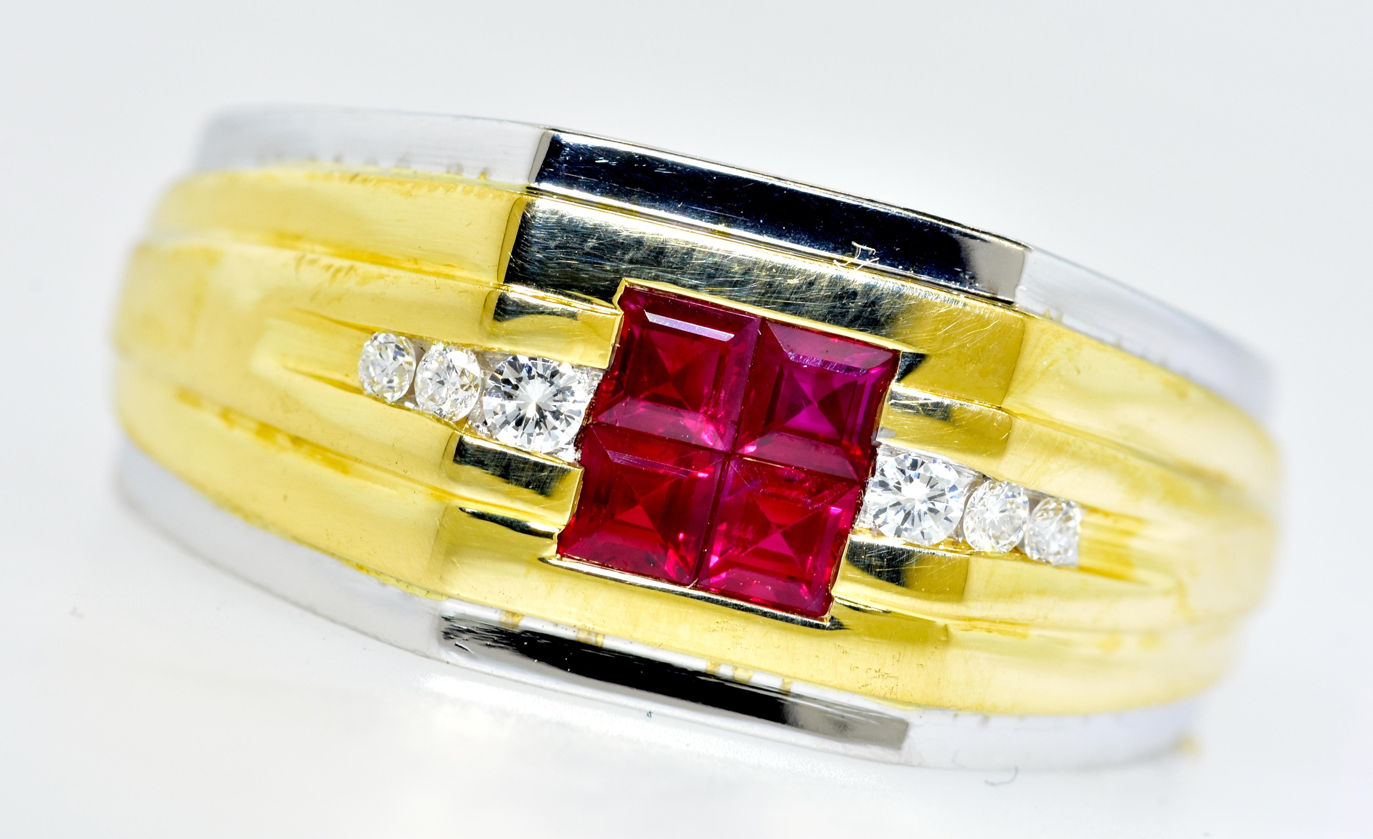 Invisibly set natural bright vivid rubies are accented on both sides by brilliant cut diamonds.  This unusual ring in both white and yellow gold centers 4 well matched, square cut, very slightly included,  rubies of superb Burma color.  The total