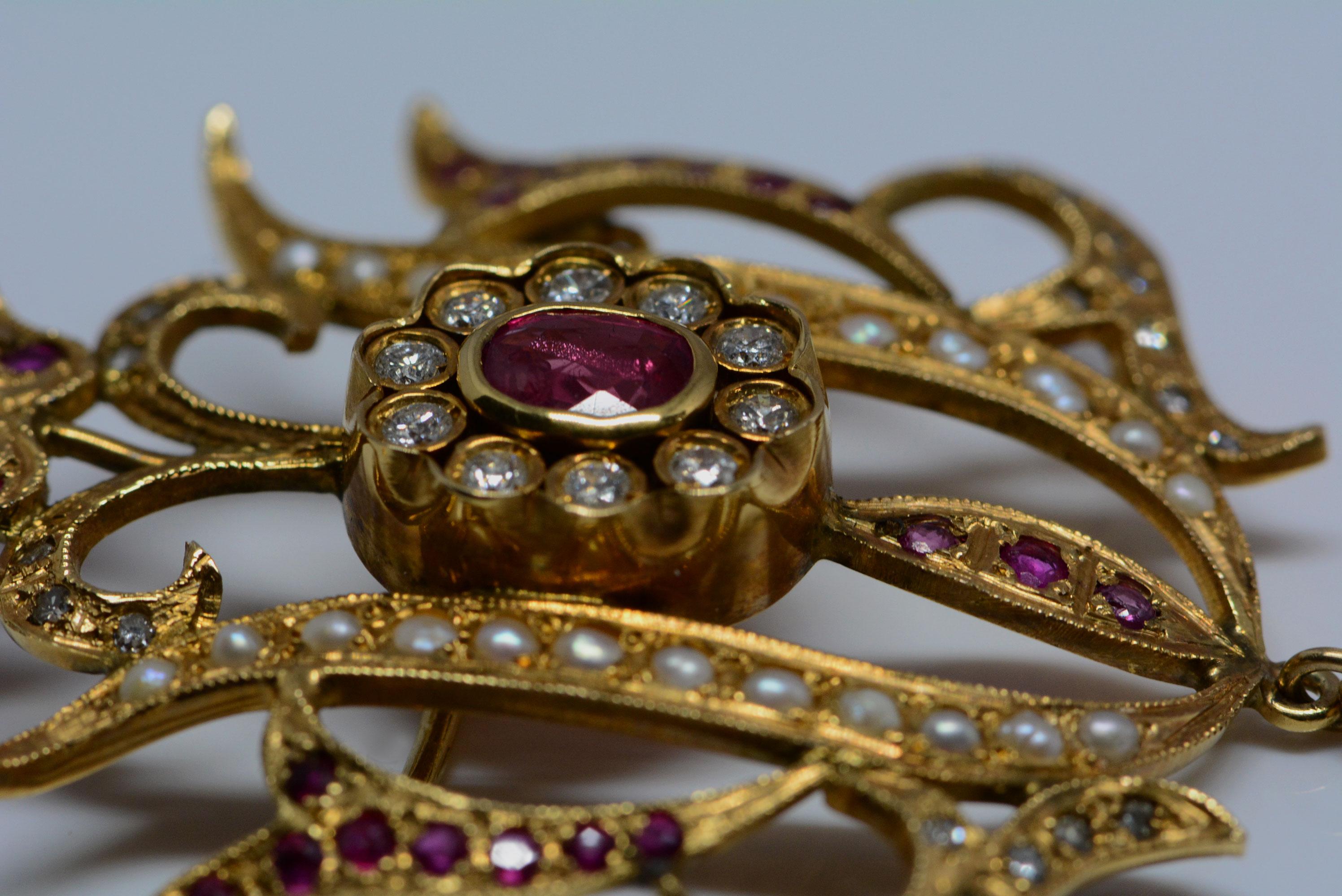 Ruby, Diamond, and Pearl, 14 Karat Gold Brooch-Pendant (Revival) im Angebot
