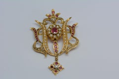 Ruby, Diamond, and Pearl, 14 Karat Gold Brooch-Pendant