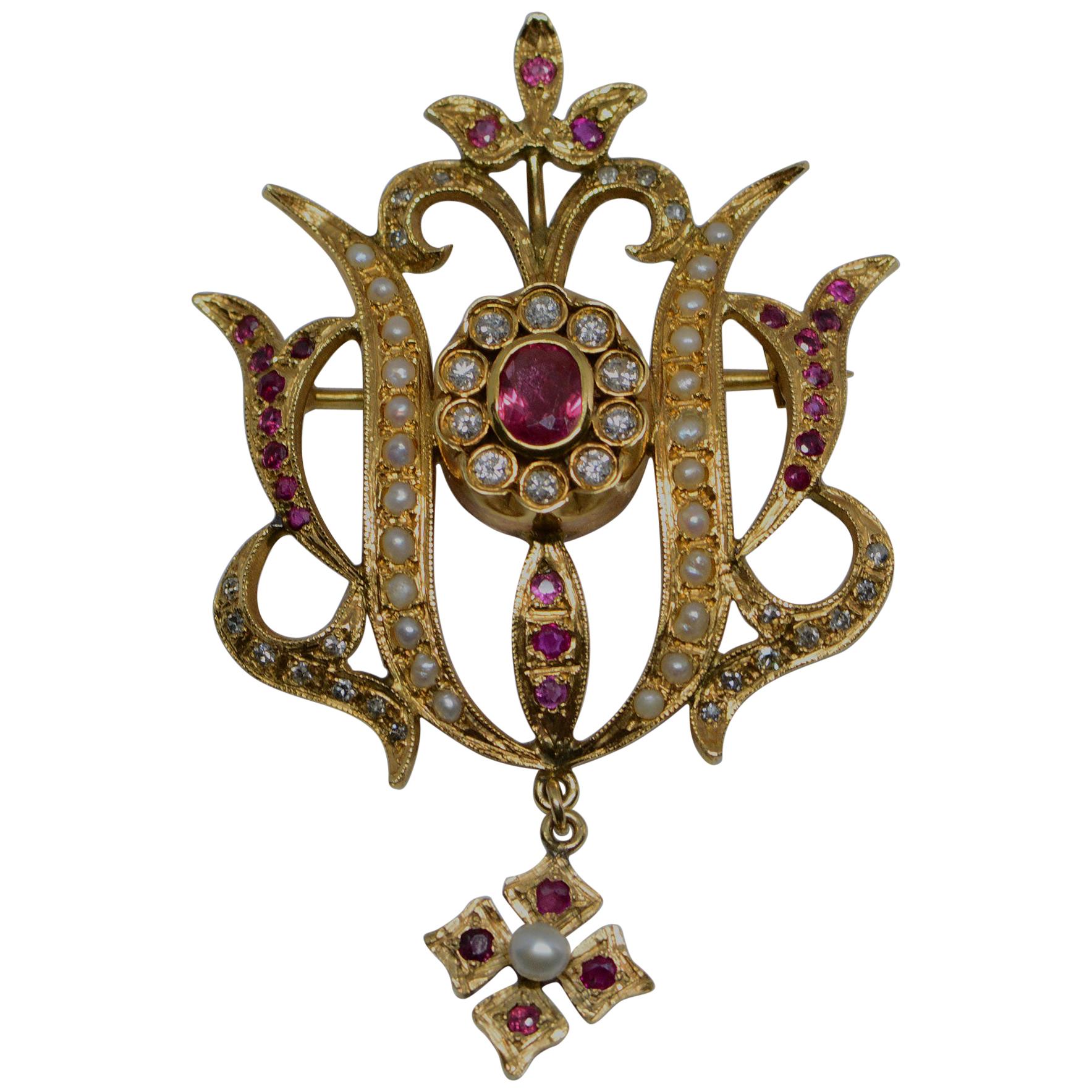 Ruby, Diamond, and Pearl, 14 Karat Gold Brooch-Pendant For Sale