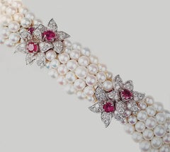 Ruby Diamond and Pearls Gold Vintage Bracelet