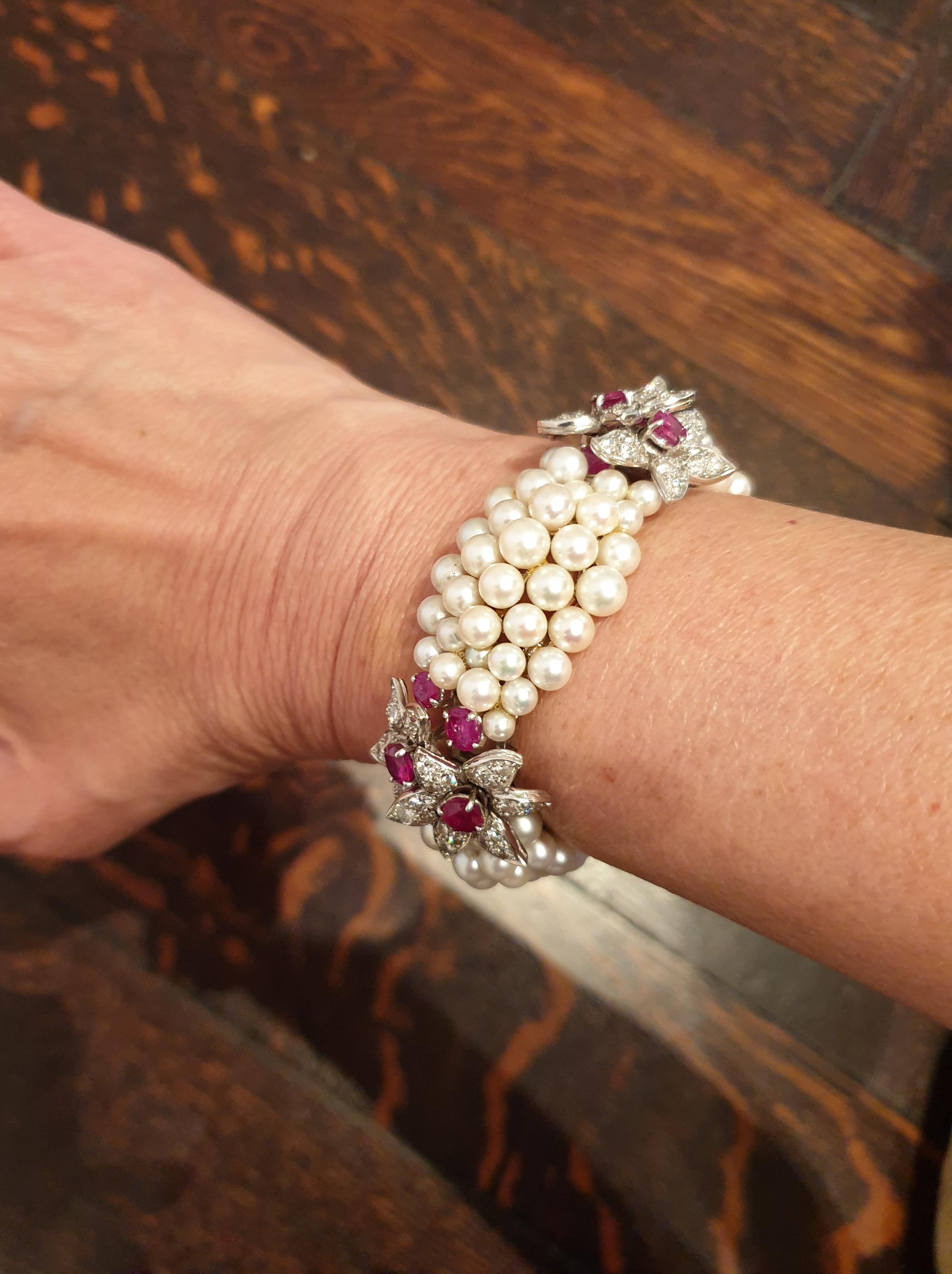 Women's Ruby Diamond and Pearls Gold Vintage Bracelet For Sale
