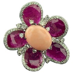 Ruby, Diamond and Pink Cabochon Coral Ring