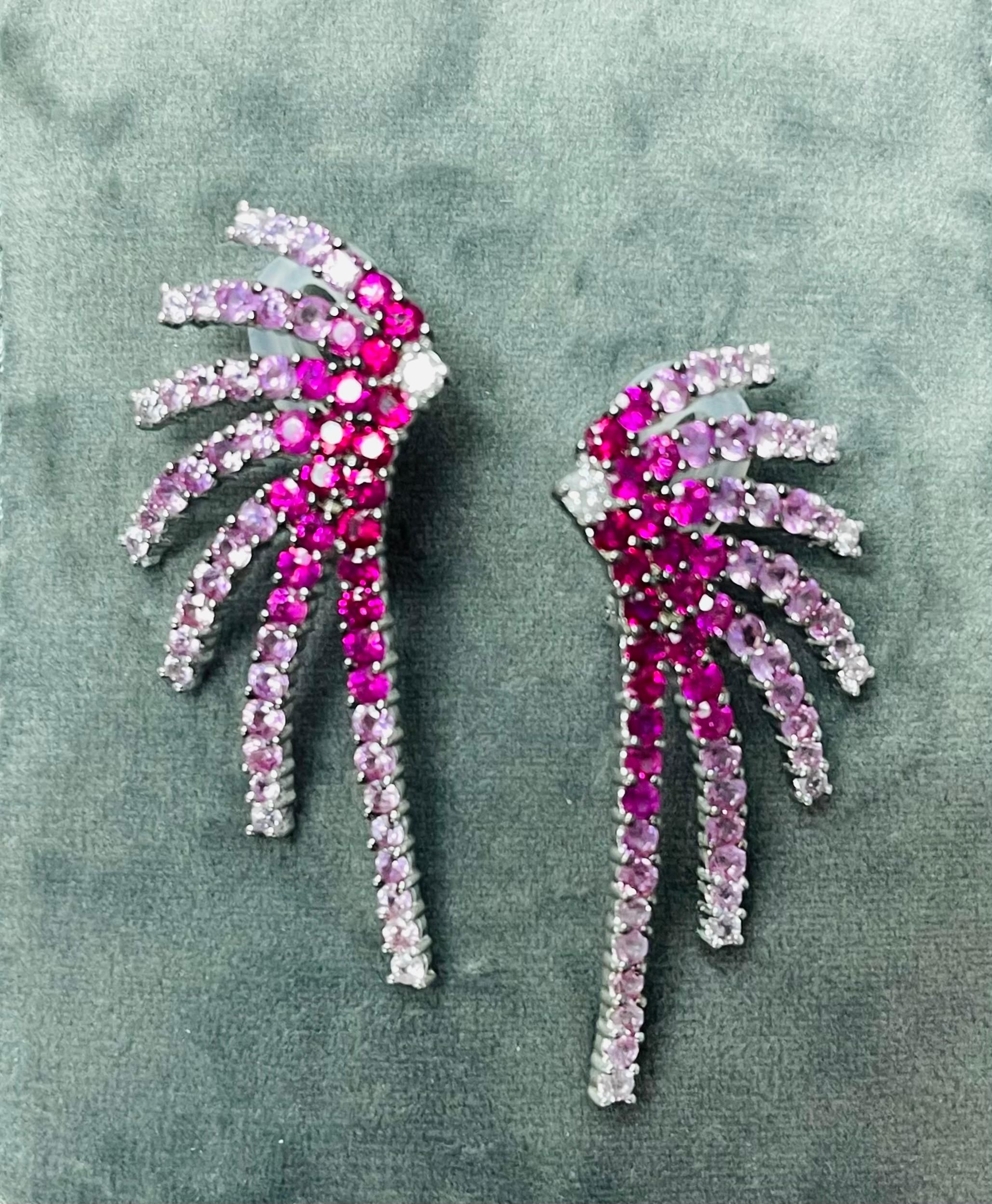 Ruby Diamond and Pink Sapphire Fire works Earrings in 18k White Gold. For Sale 3