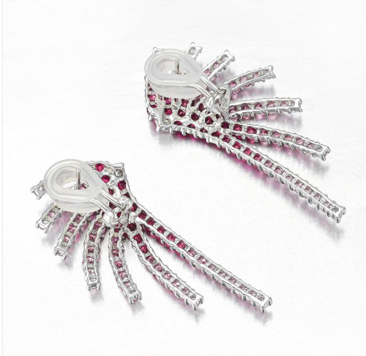 Contemporary Ruby Diamond and Pink Sapphire Fire works Earrings in 18k White Gold. For Sale