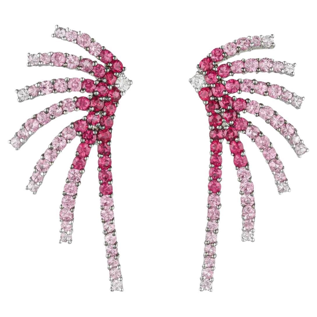 Ruby Diamond and Pink Sapphire Fire works Earrings in 18k White Gold. For Sale