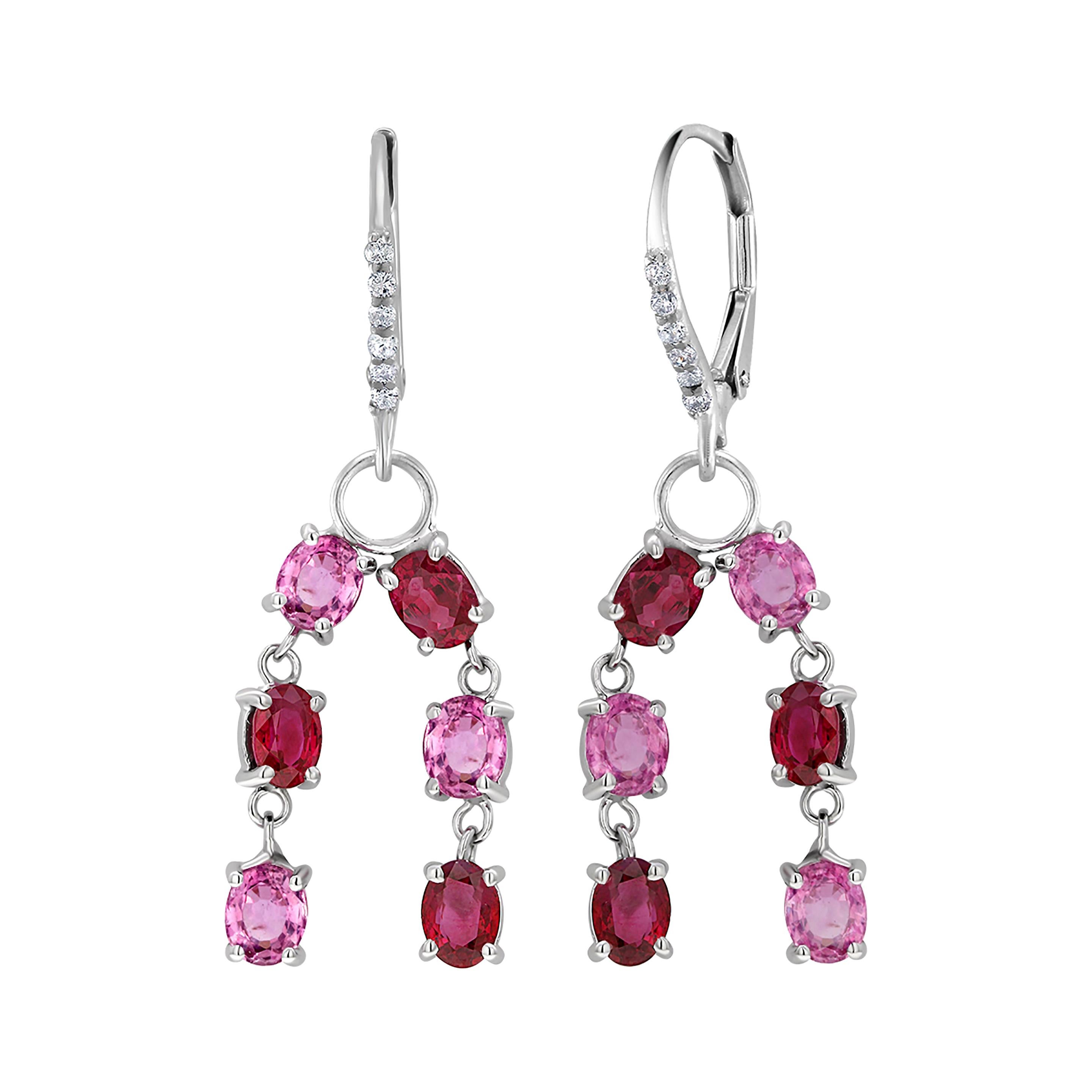 Ruby Diamond Pink Sapphire White Gold Drop Hoop Earrings Weighing 3 Carats