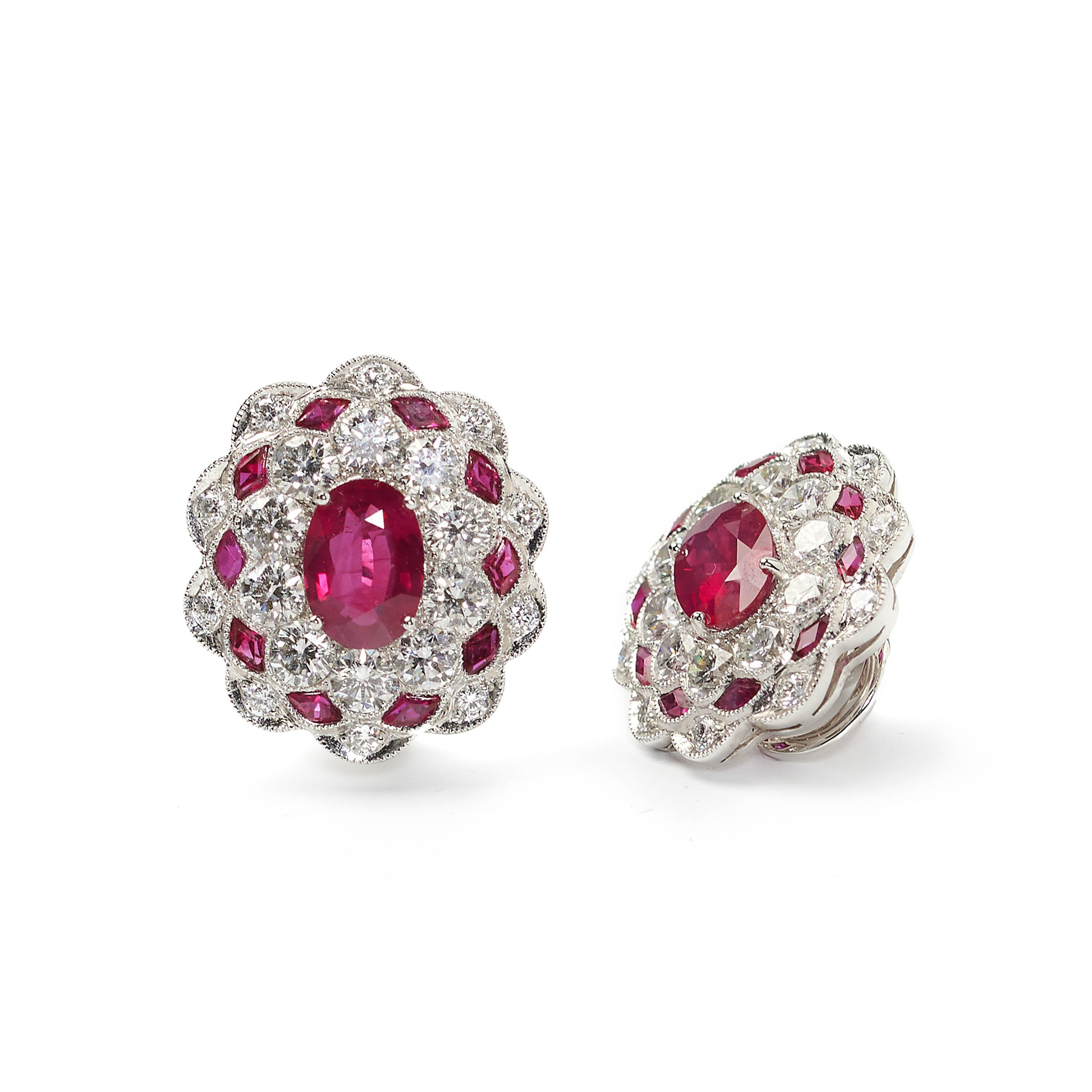 Art Deco Ruby, Diamond and Platinum Cluster Earrings, 2.71 Carat For Sale