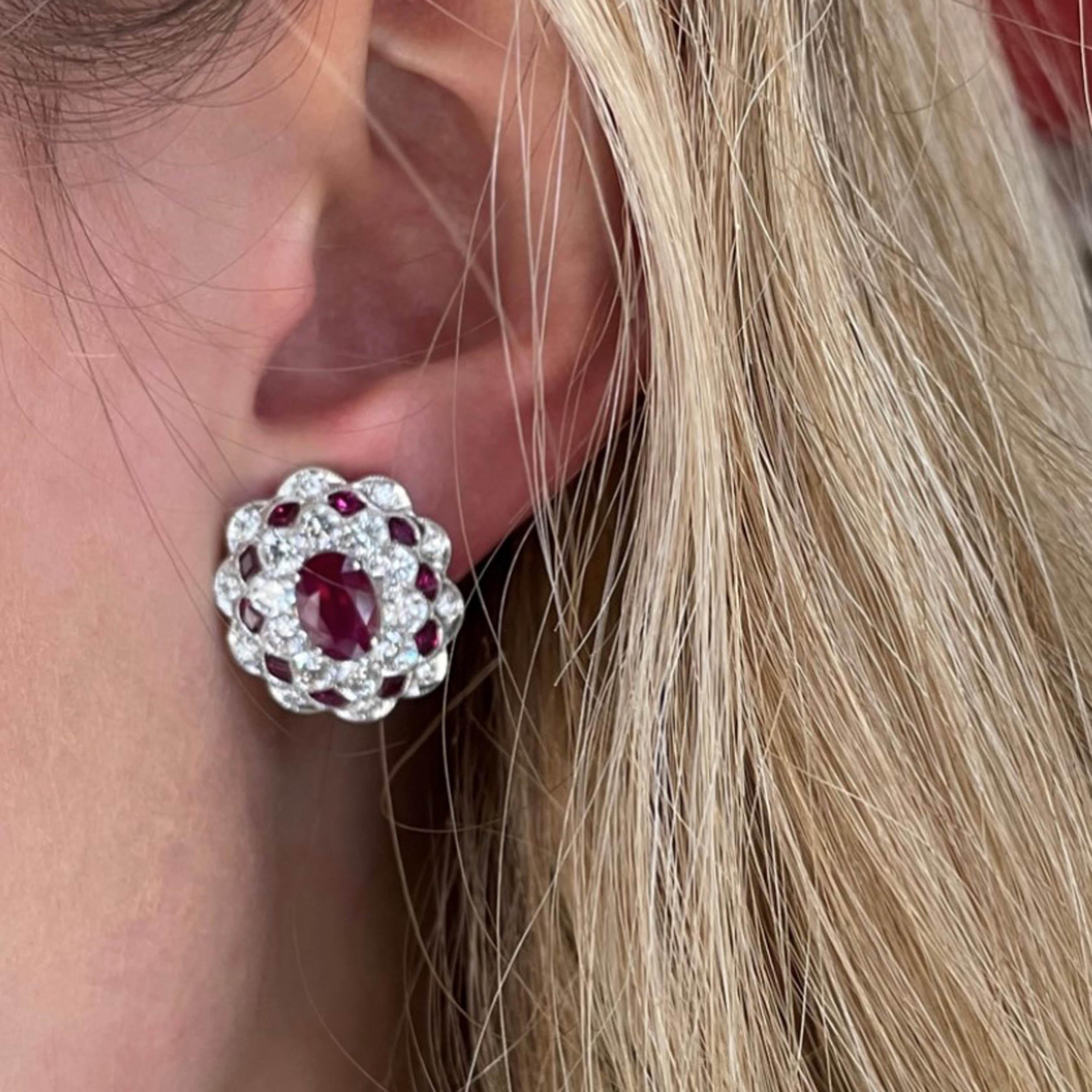 Round Cut Ruby, Diamond and Platinum Cluster Earrings, 2.71 Carat For Sale