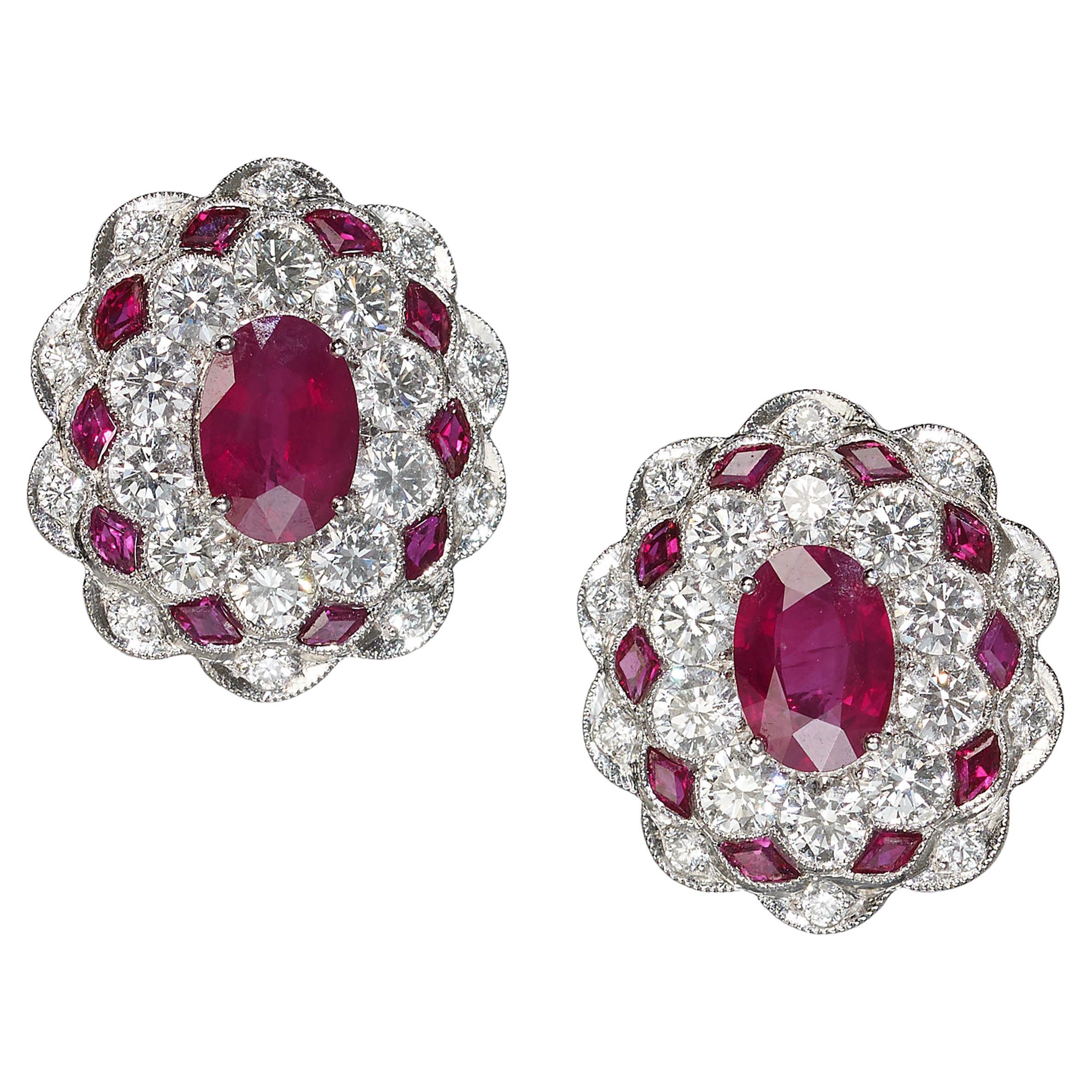 Ruby, Diamond and Platinum Cluster Earrings, 2.71 Carat For Sale