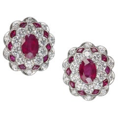 Ruby, Diamond and Platinum Cluster Earrings, 2.71 Carat
