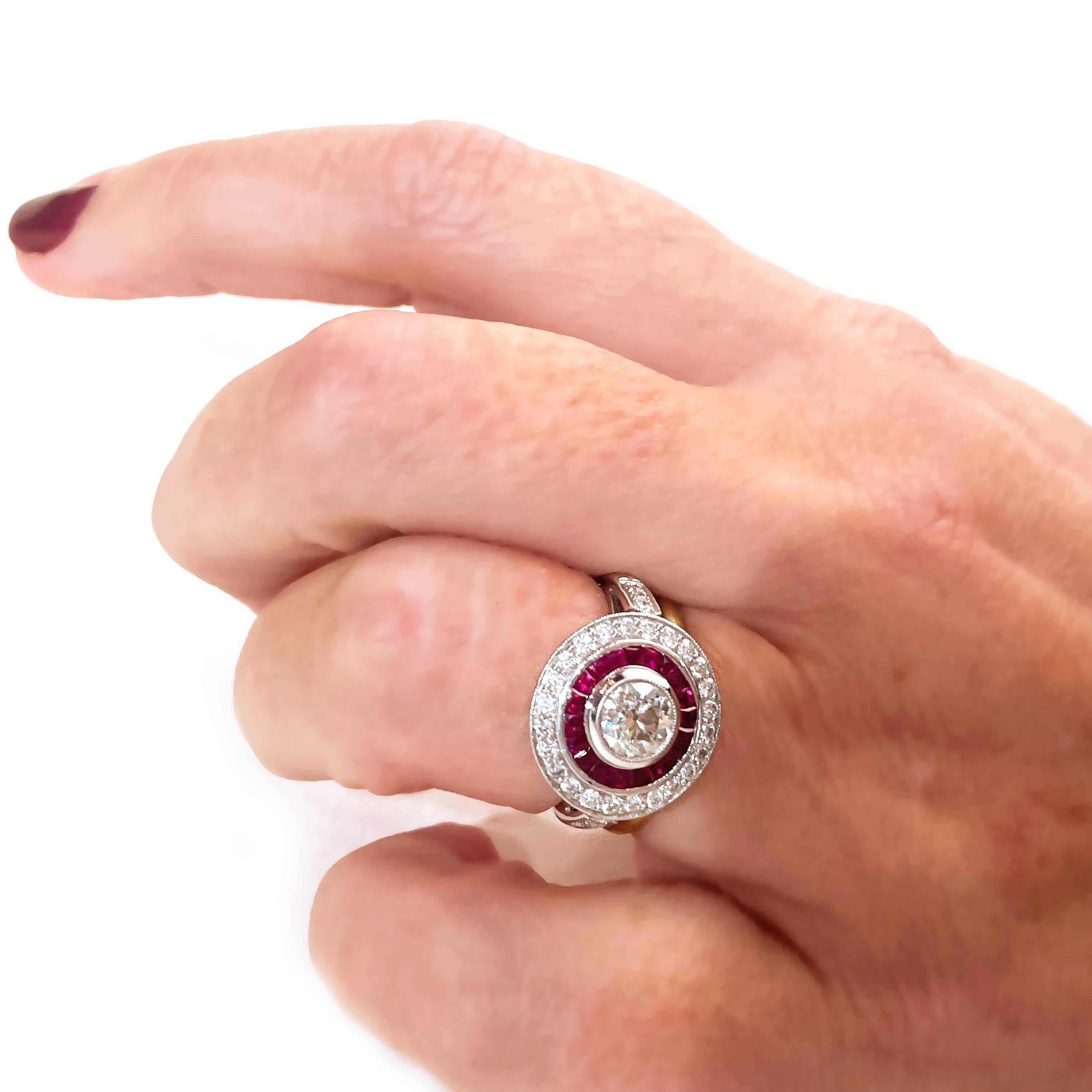 Old European Cut Ruby, Diamond and Platinum Cluster Ring, 0.93 Carat For Sale